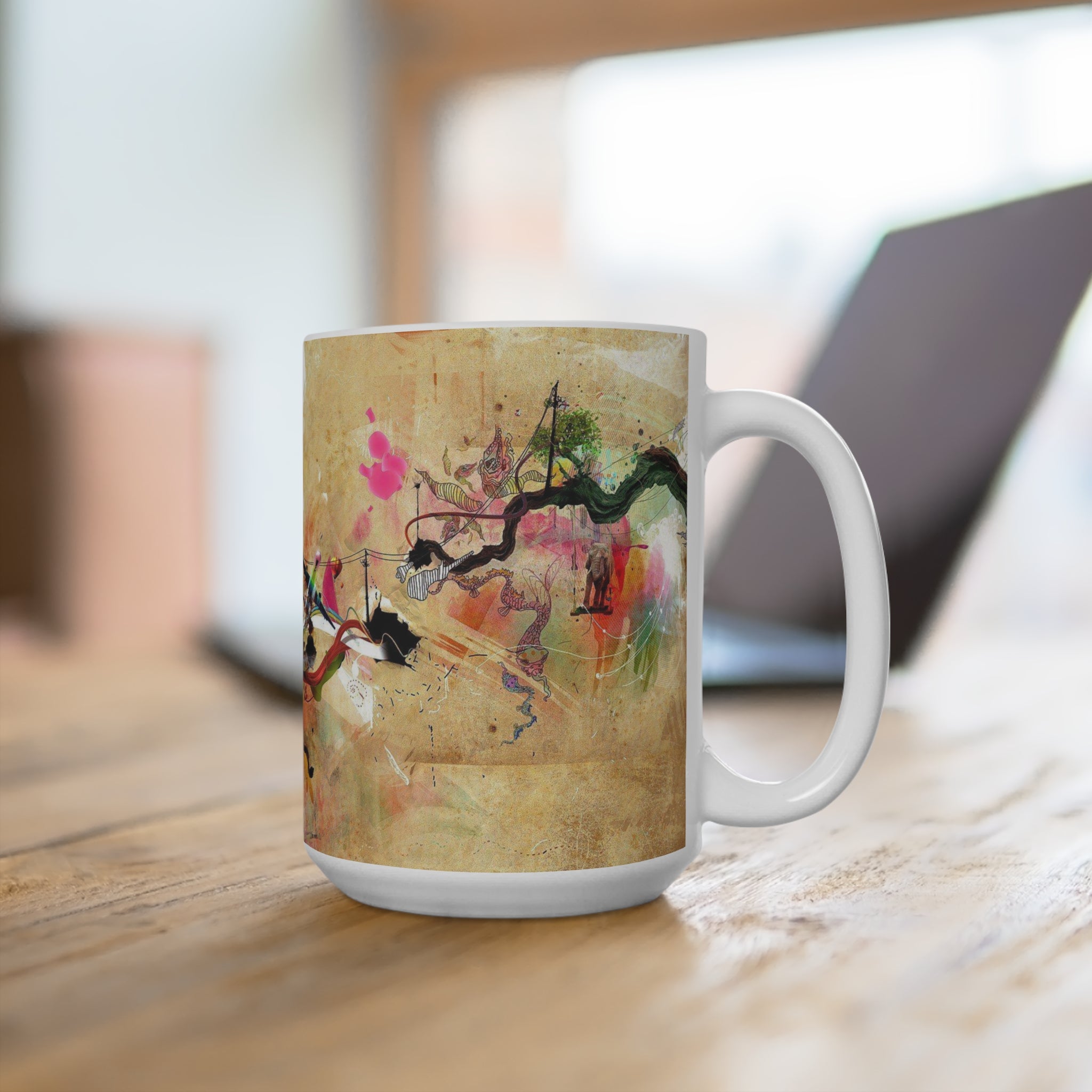 Abstract Color Parrot Splash Mug — 15oz Artistic Coffee Cup