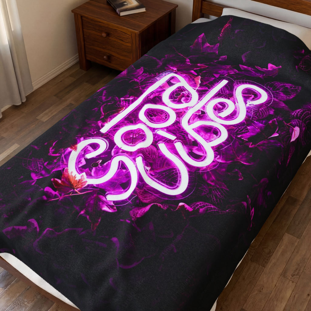 Neon Good Vibes Velveteen Plush Blanket - Pink Neon Script Floral Throw