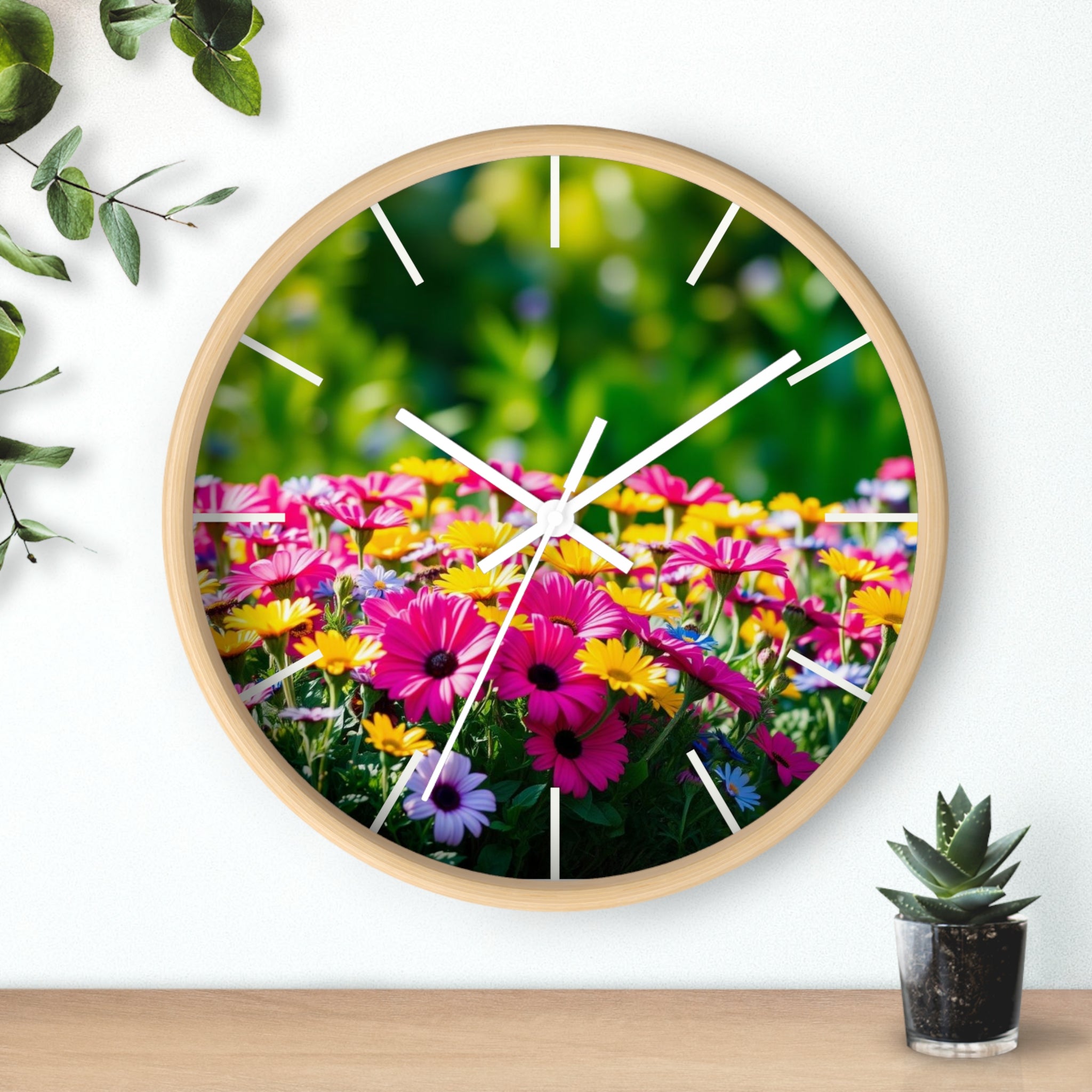 Floral Garden Wall Clock — Bright Daisy Meadow Decorative Clock