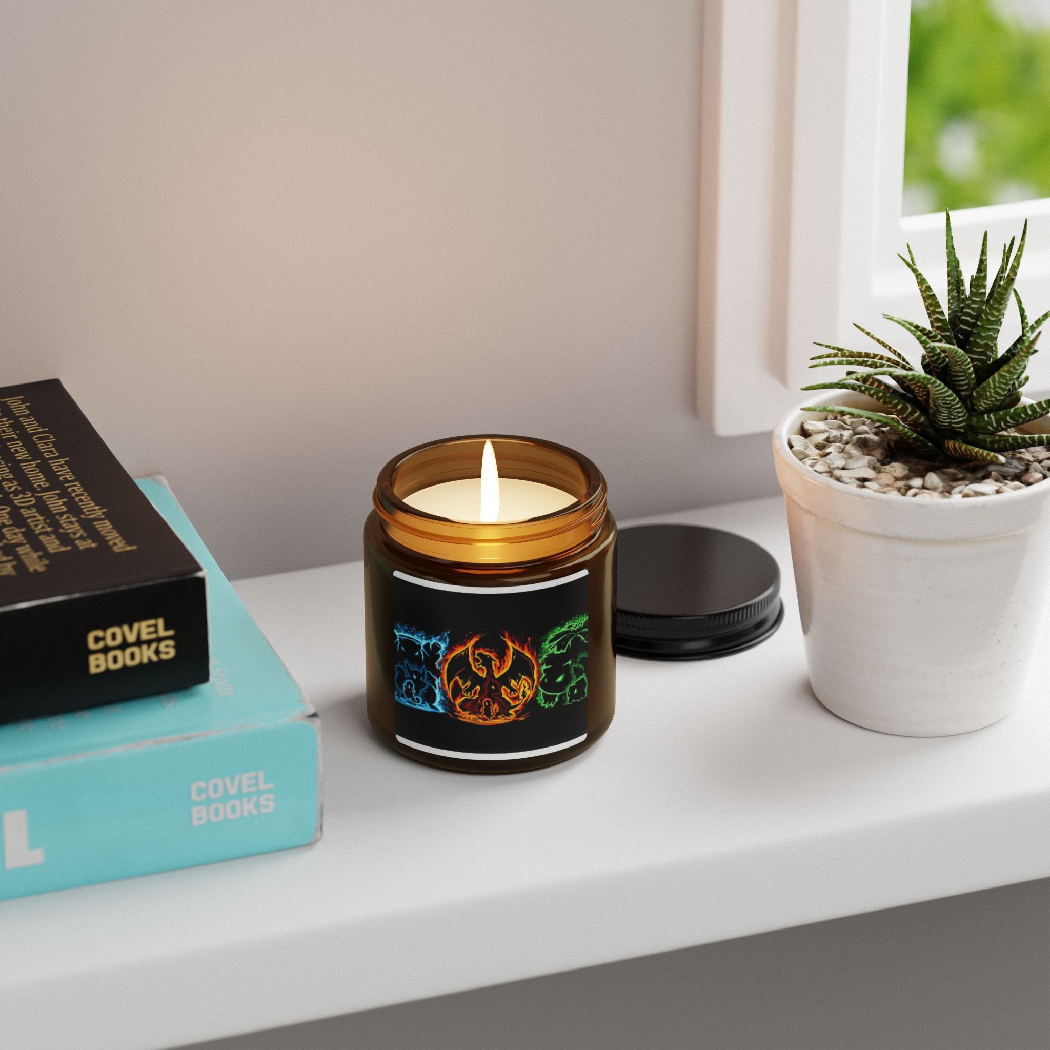 Character Flame Soy Candle — Amber Jar (Fire, Water, Air, Earth Neon Design)