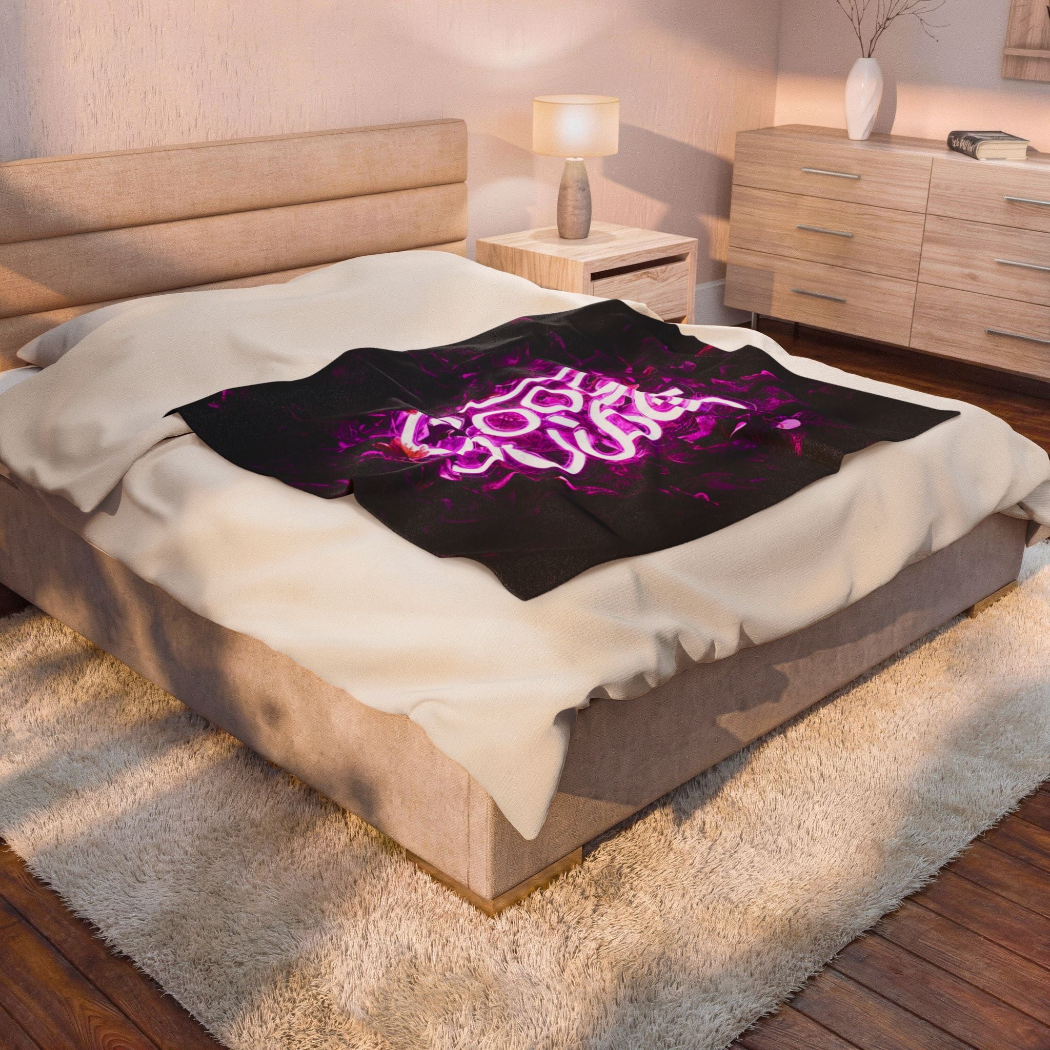 Neon Good Vibes Velveteen Plush Blanket - Pink Neon Script Floral Throw