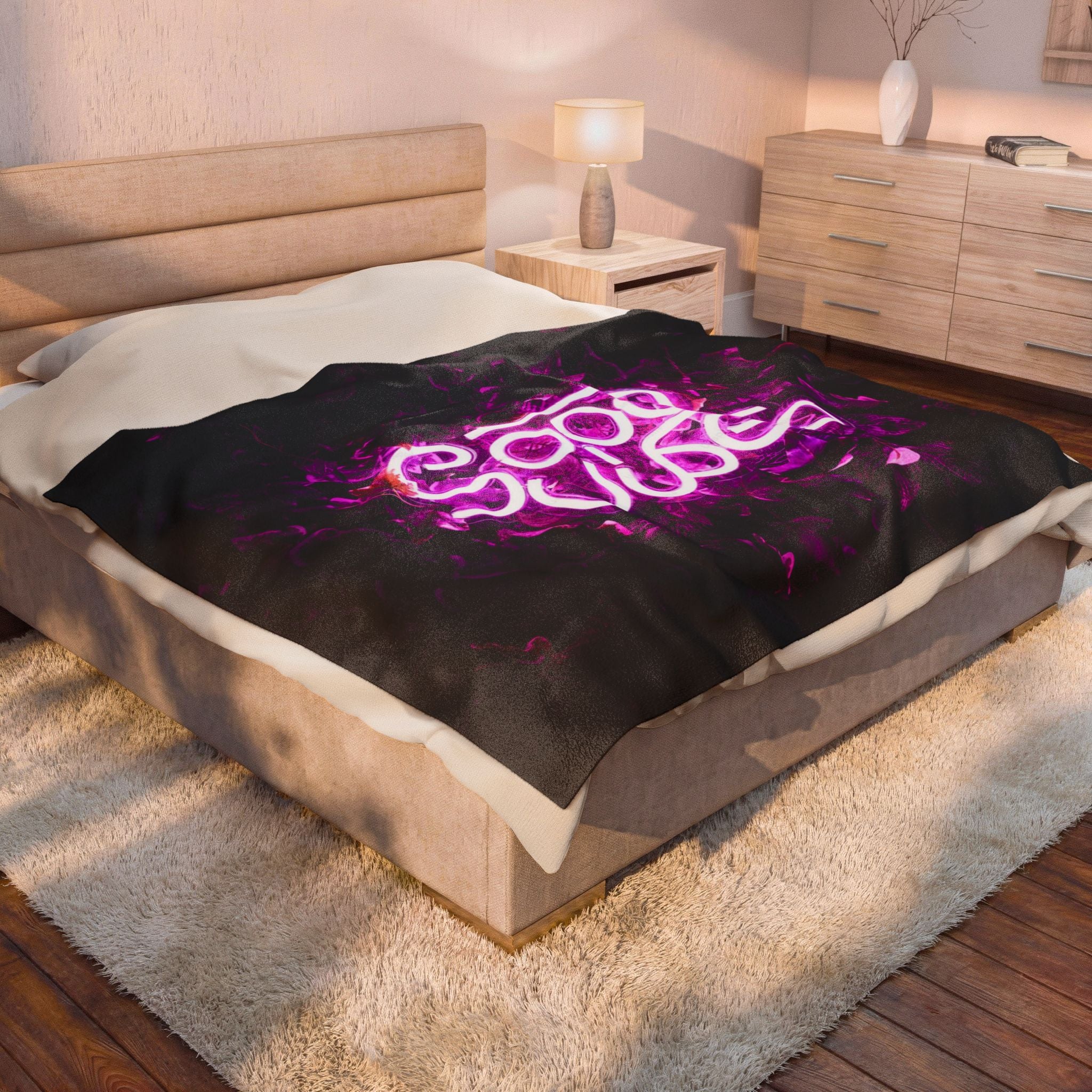Neon Good Vibes Velveteen Plush Blanket - Pink Neon Script Floral Throw