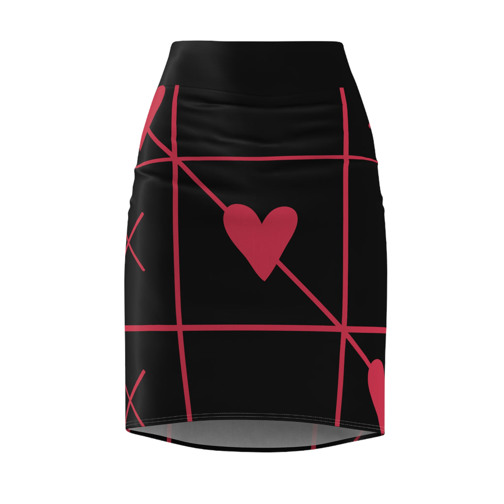 Hearts Grid Pencil Skirt — Black & Red Valentine's AOP Midi