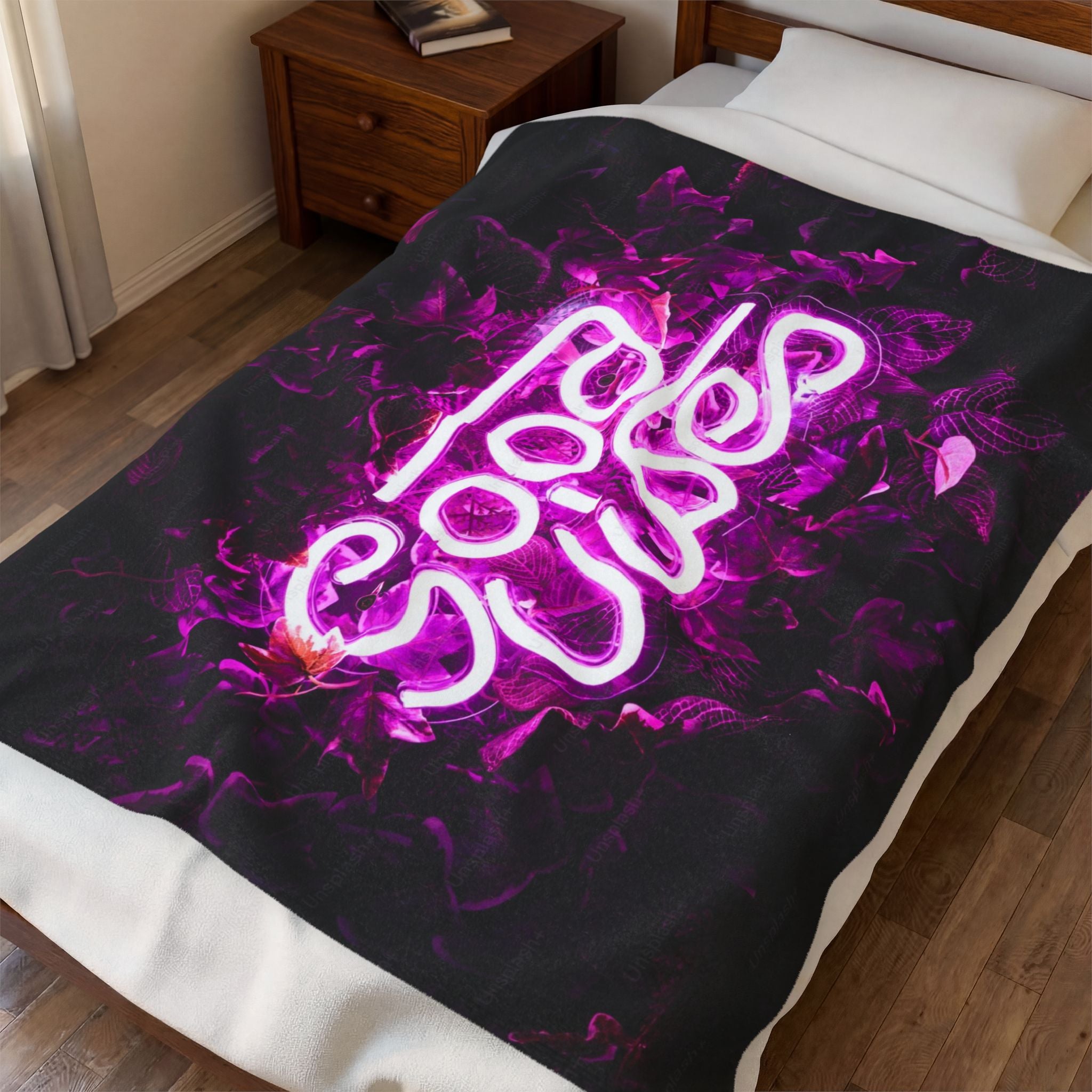 Neon Good Vibes Velveteen Plush Blanket - Pink Neon Script Floral Throw