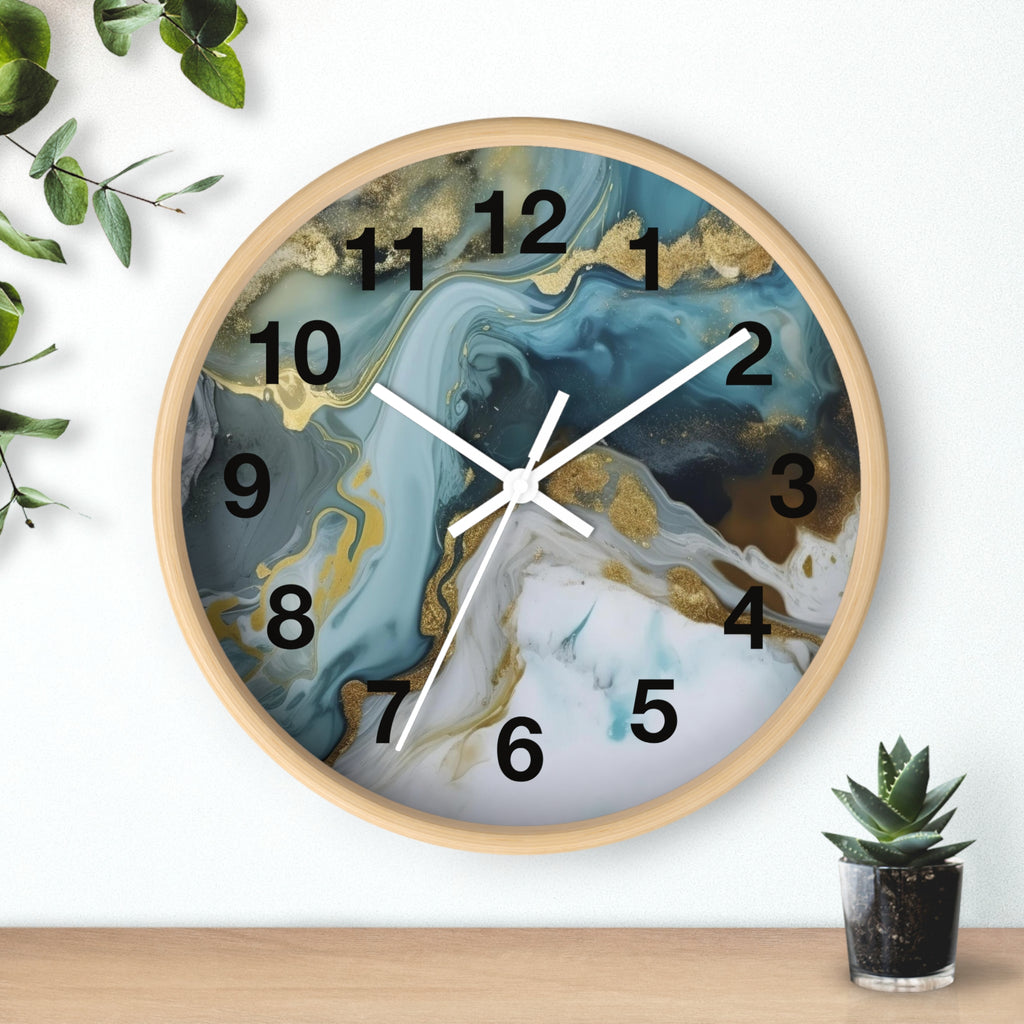 Abstract Blue & Gold Marble Wall Clock — Fluid Art Home Decor Timepiece