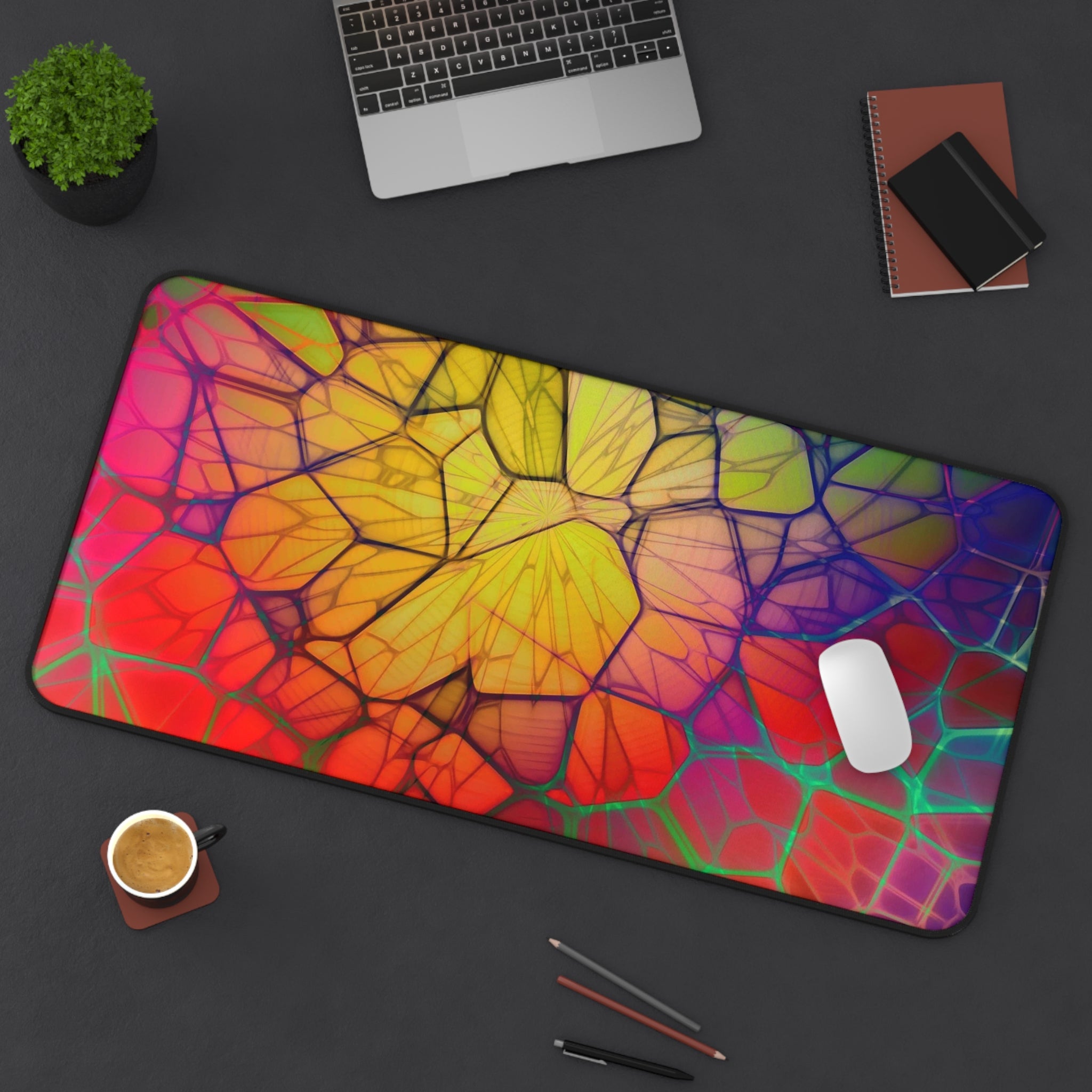 Psychedelic Stained Glass Desk Mat — Colorful Abstract Mousepad for Office & Gaming