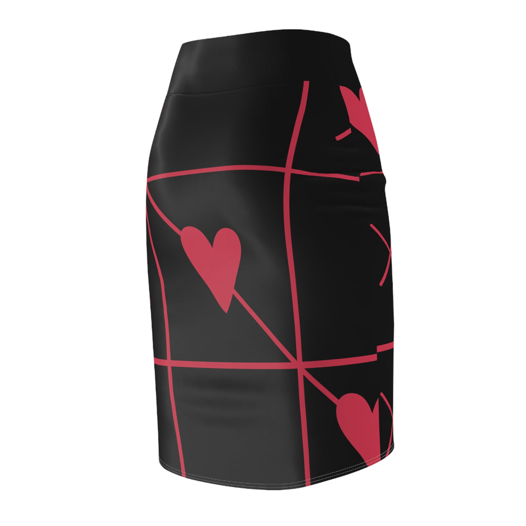 Hearts Grid Pencil Skirt — Black & Red Valentine's AOP Midi