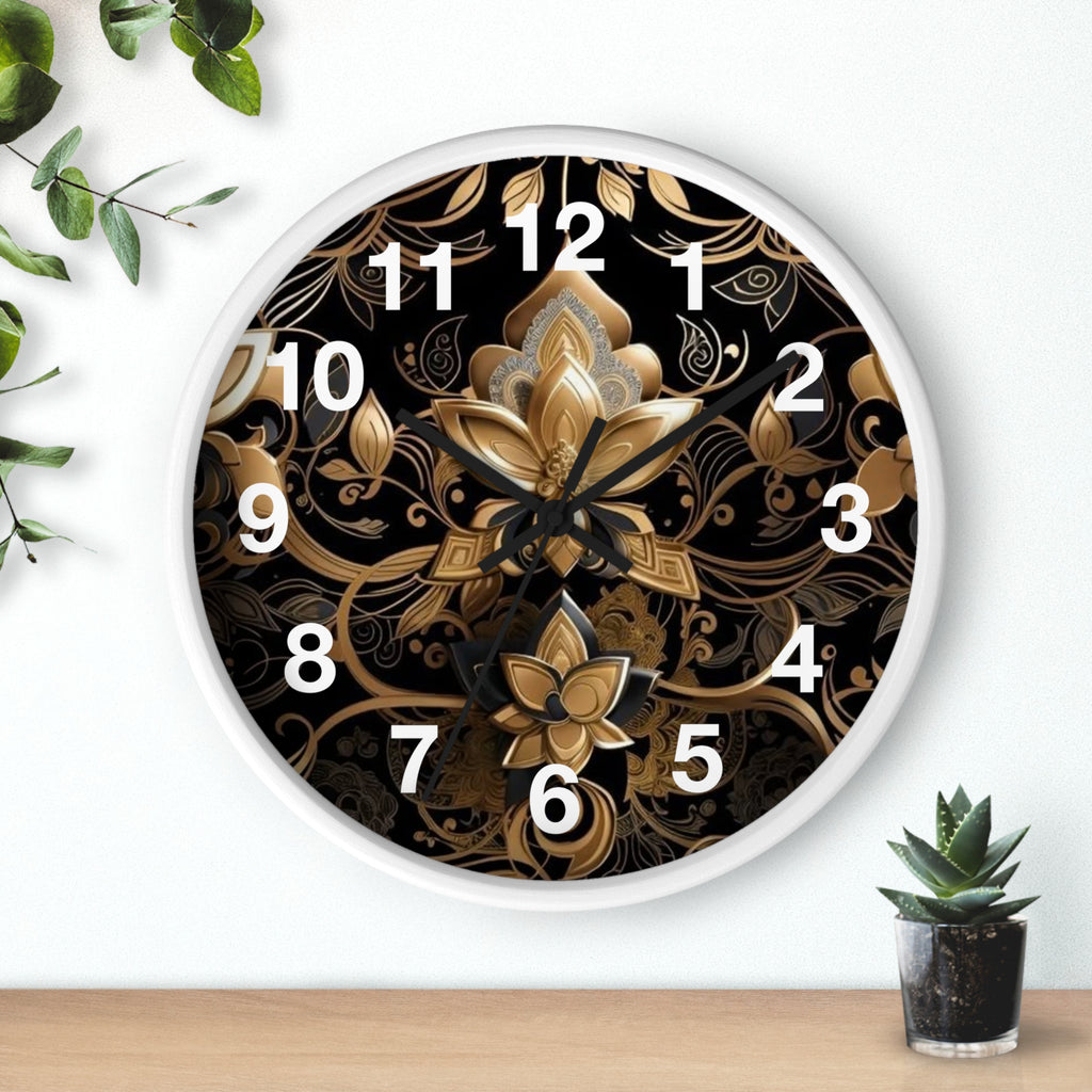 Ornate Gold Lotus Wall Clock — Elegant Black & Gold Floral Decor