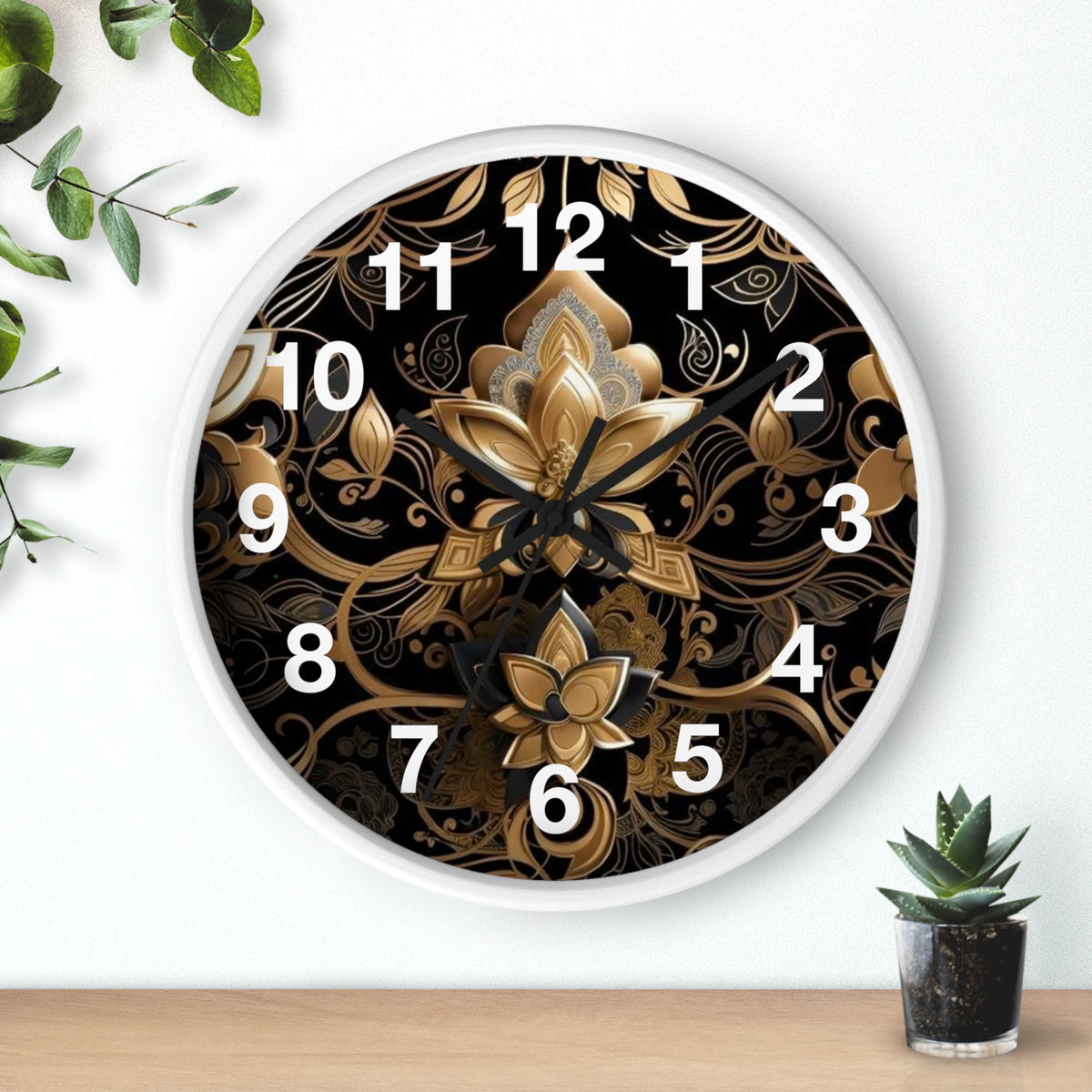 Ornate Gold Lotus Wall Clock — Elegant Black & Gold Floral Decor