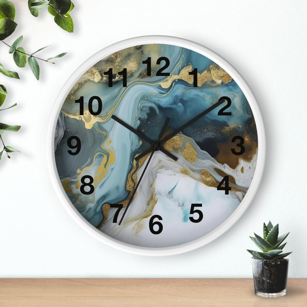 Abstract Blue & Gold Marble Wall Clock — Fluid Art Home Decor Timepiece
