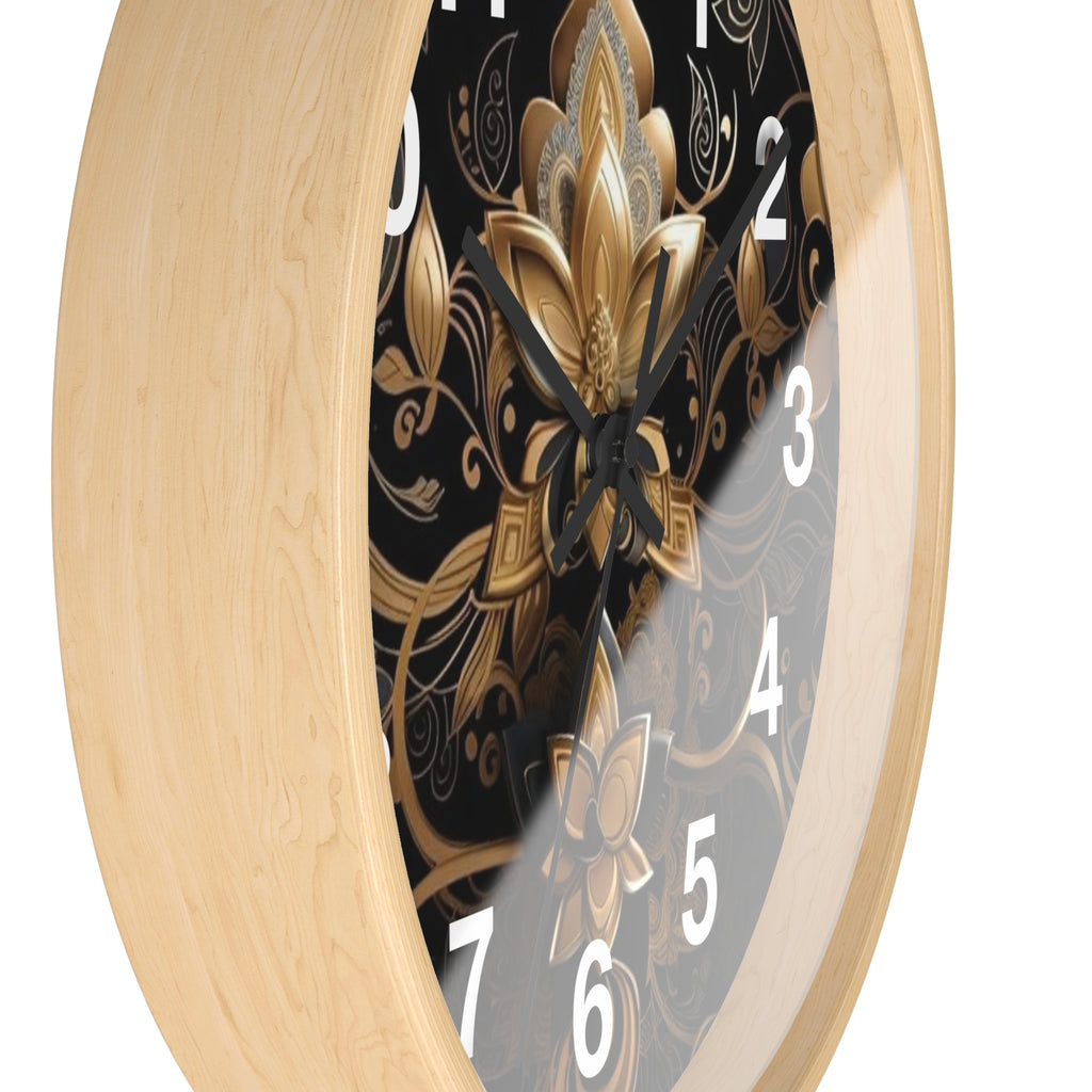 Ornate Gold Lotus Wall Clock — Elegant Black & Gold Floral Decor