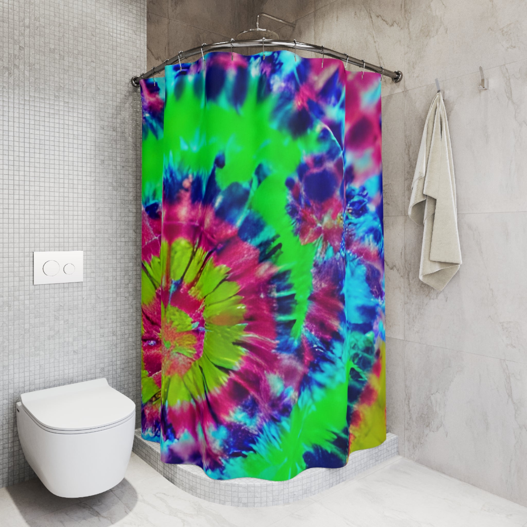 Tie-Dye Spiral Shower Curtain — Bright Neon Bathroom Décor