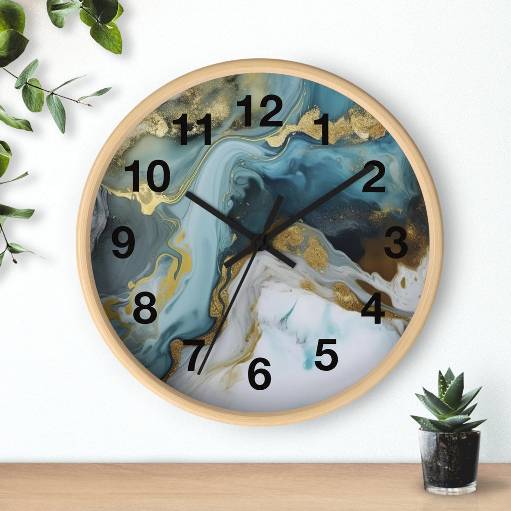Abstract Blue & Gold Marble Wall Clock — Fluid Art Home Decor Timepiece