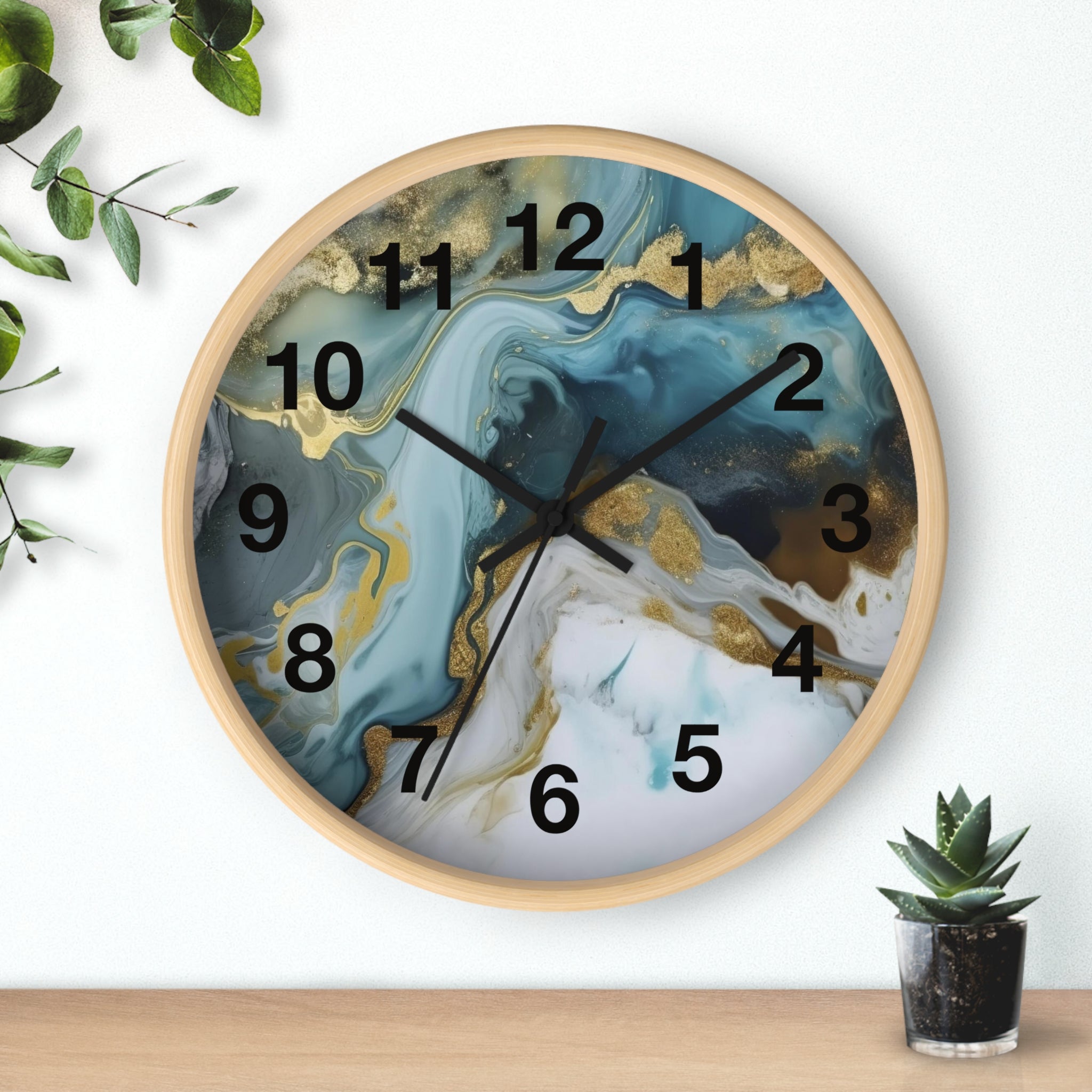 Abstract Blue & Gold Marble Wall Clock — Fluid Art Home Decor Timepiece