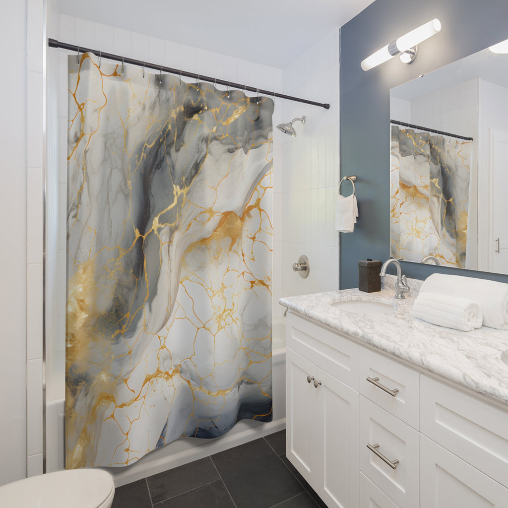 Marble Gold Shower Curtain — Gray & White Abstract Bathroom Decor