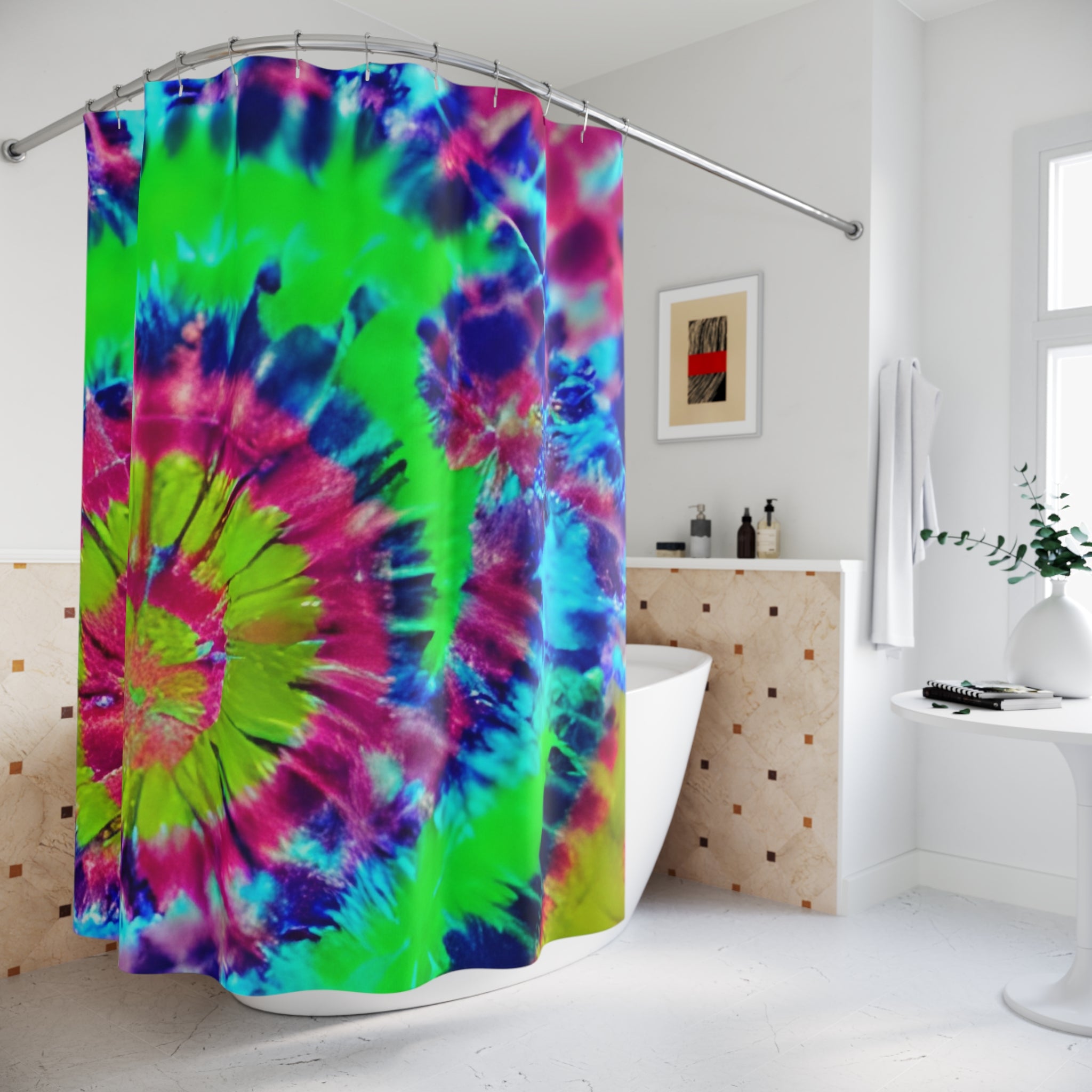 Tie-Dye Spiral Shower Curtain — Bright Neon Bathroom Décor