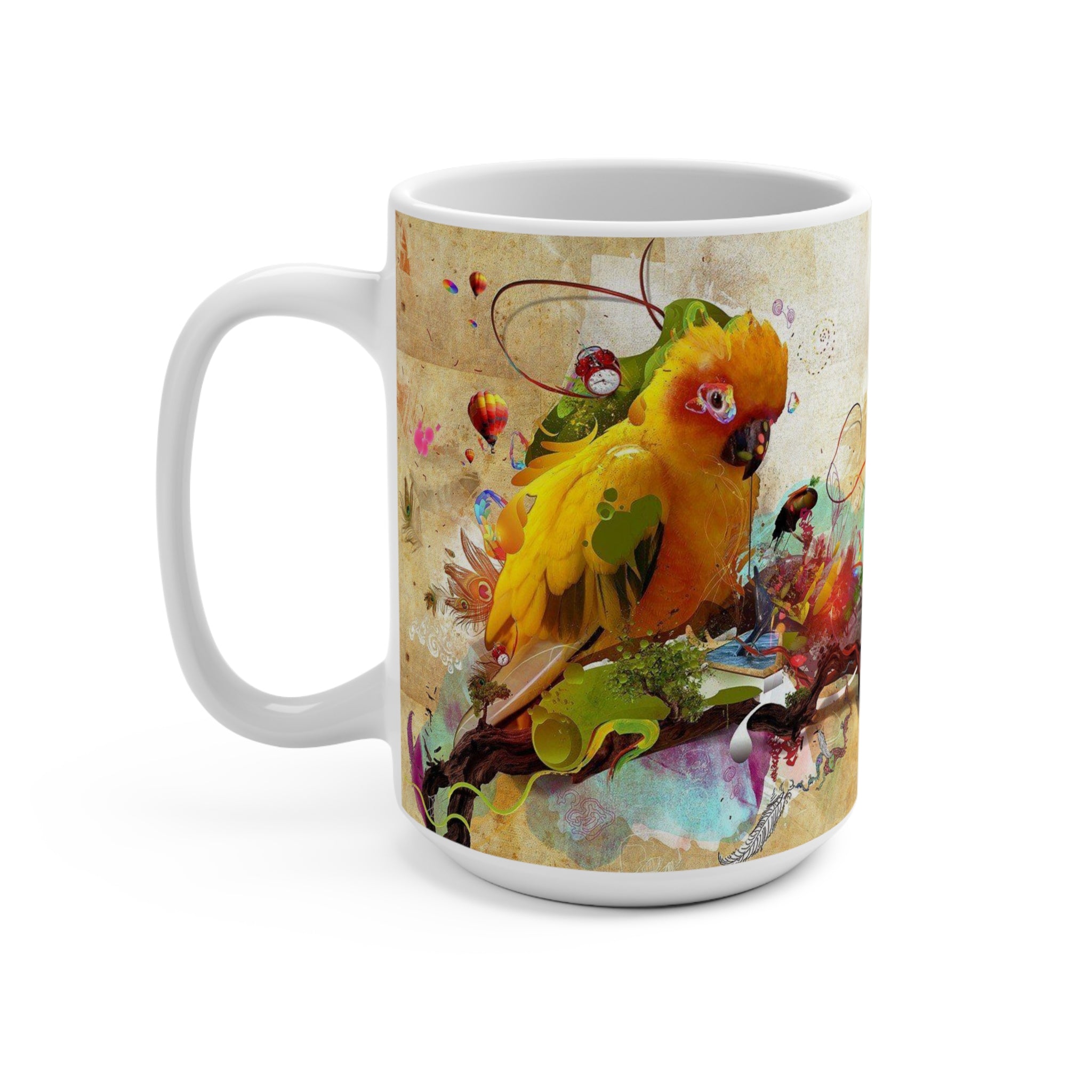 Abstract Color Parrot Splash Mug — 15oz Artistic Coffee Cup