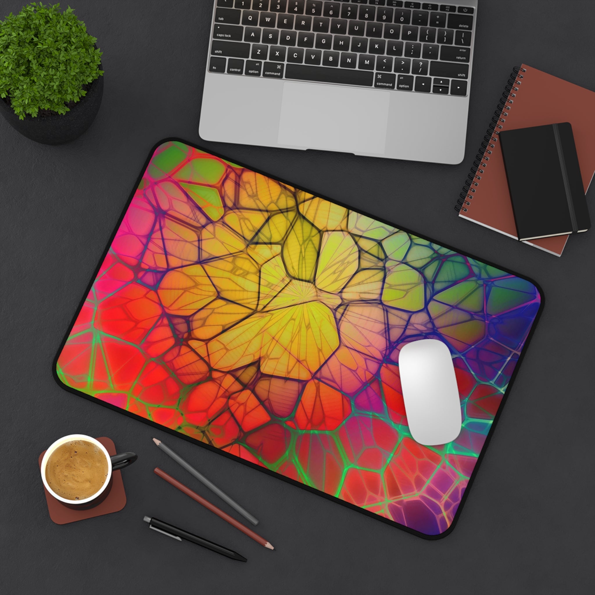 Psychedelic Stained Glass Desk Mat — Colorful Abstract Mousepad for Office & Gaming