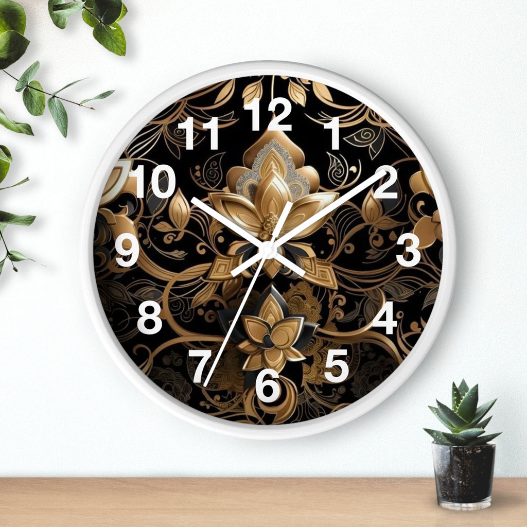 Ornate Gold Lotus Wall Clock — Elegant Black & Gold Floral Decor