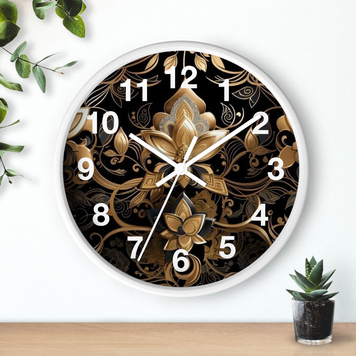 Ornate Gold Lotus Wall Clock — Elegant Black & Gold Floral Decor