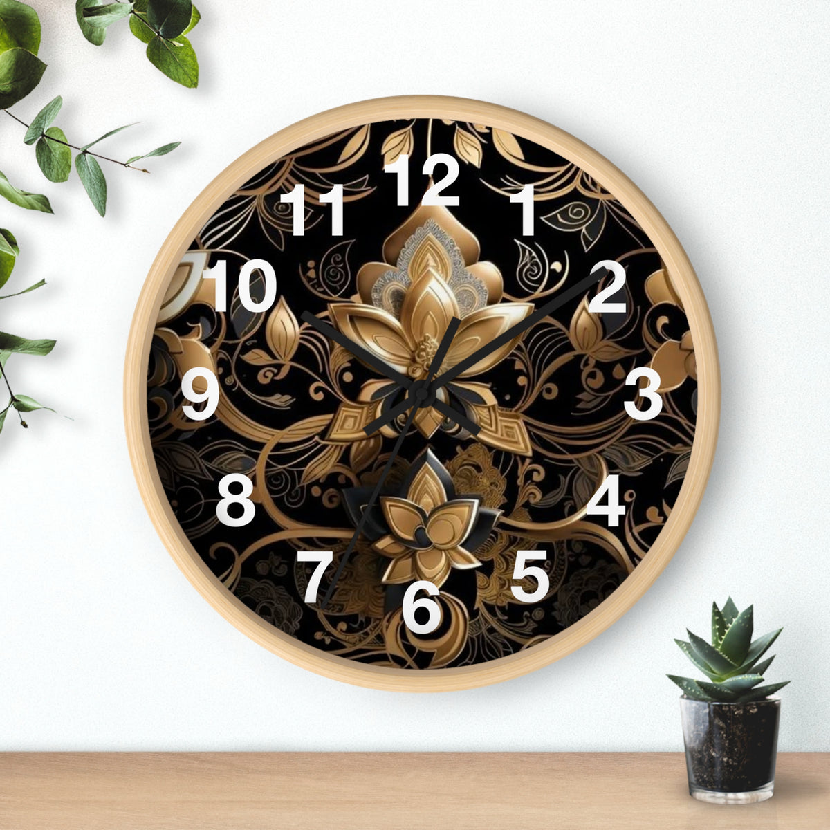 Ornate Gold Lotus Wall Clock — Elegant Black & Gold Floral Decor