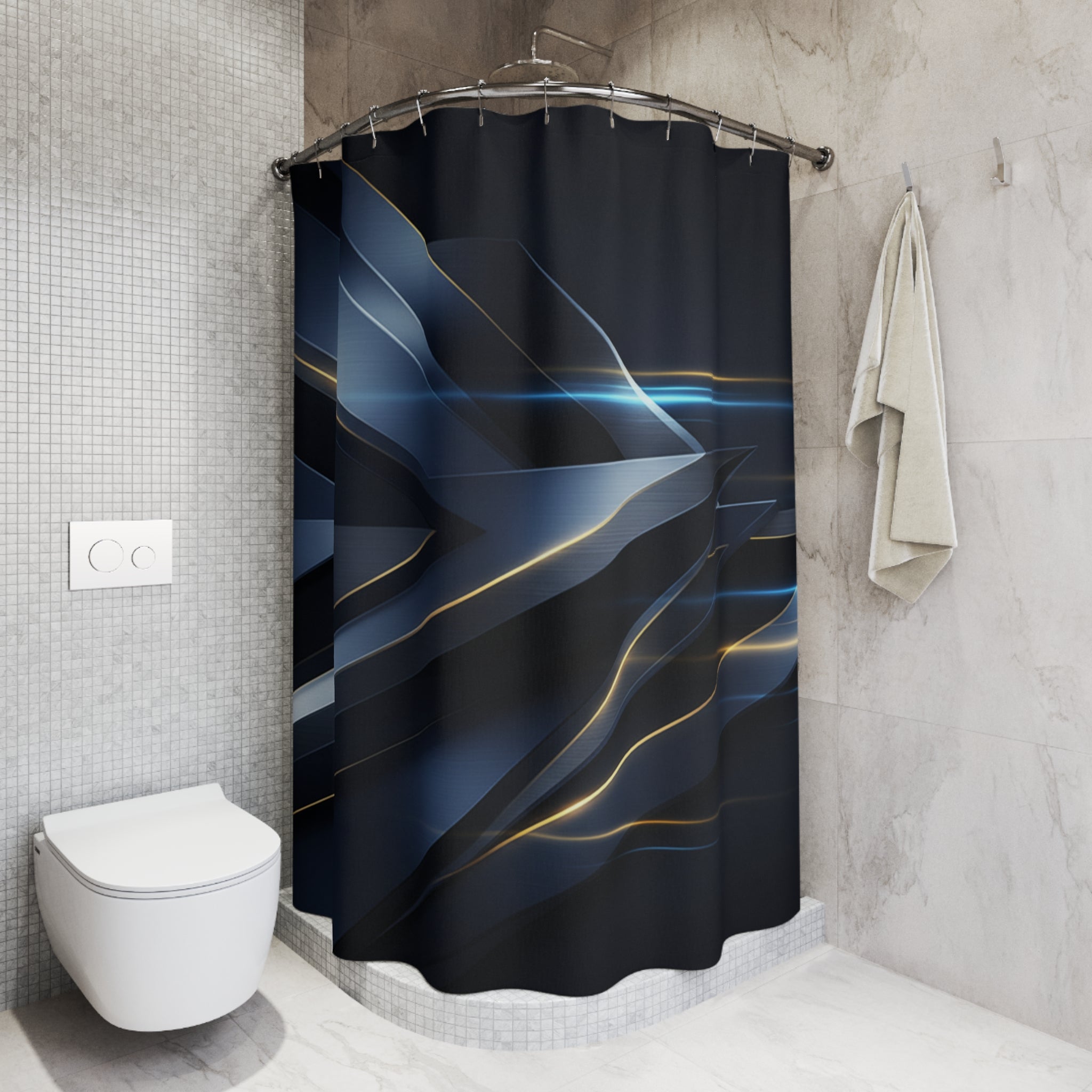 Dark Blue Geometric Shower Curtain — Modern Bathroom Decor