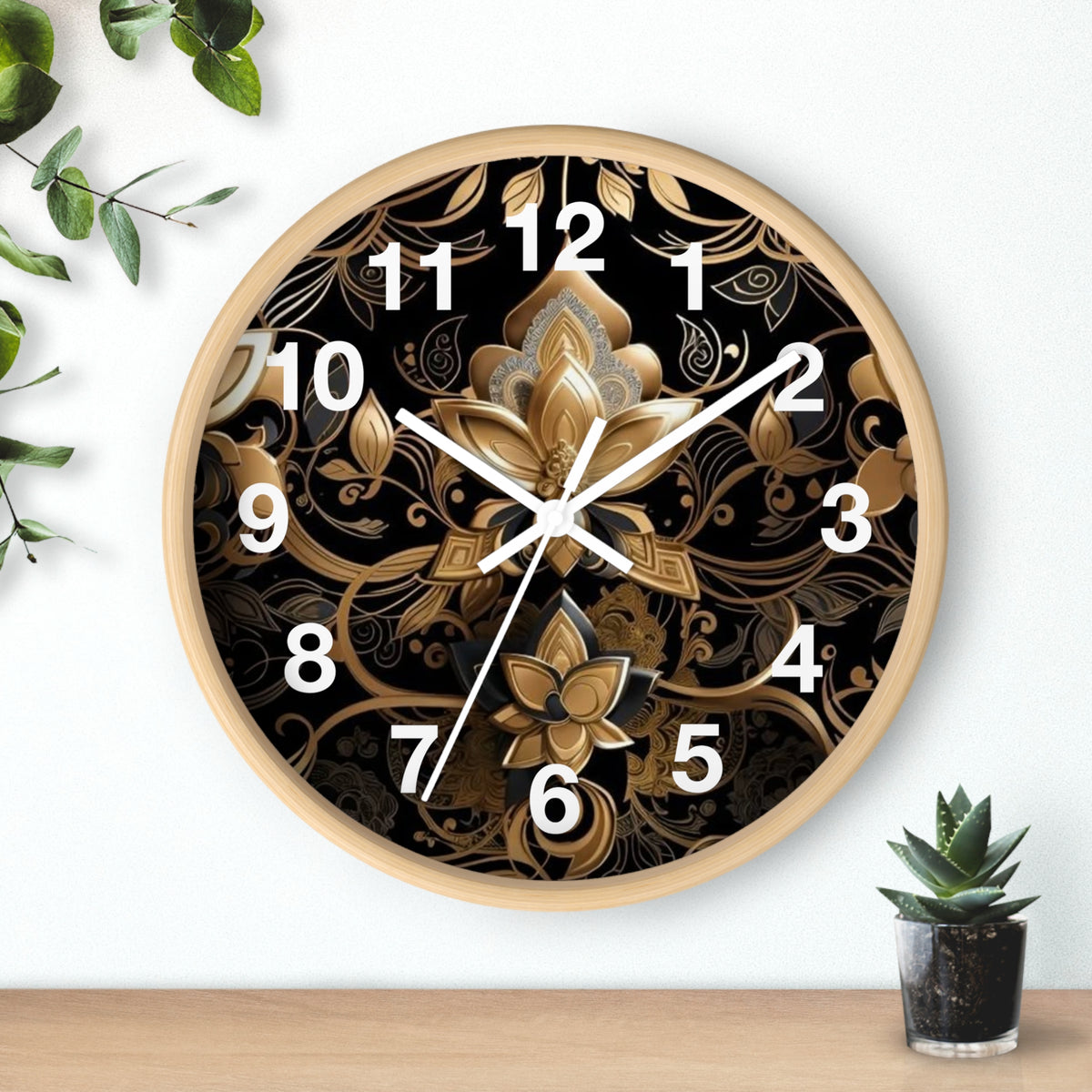 Ornate Gold Lotus Wall Clock — Elegant Black & Gold Floral Decor