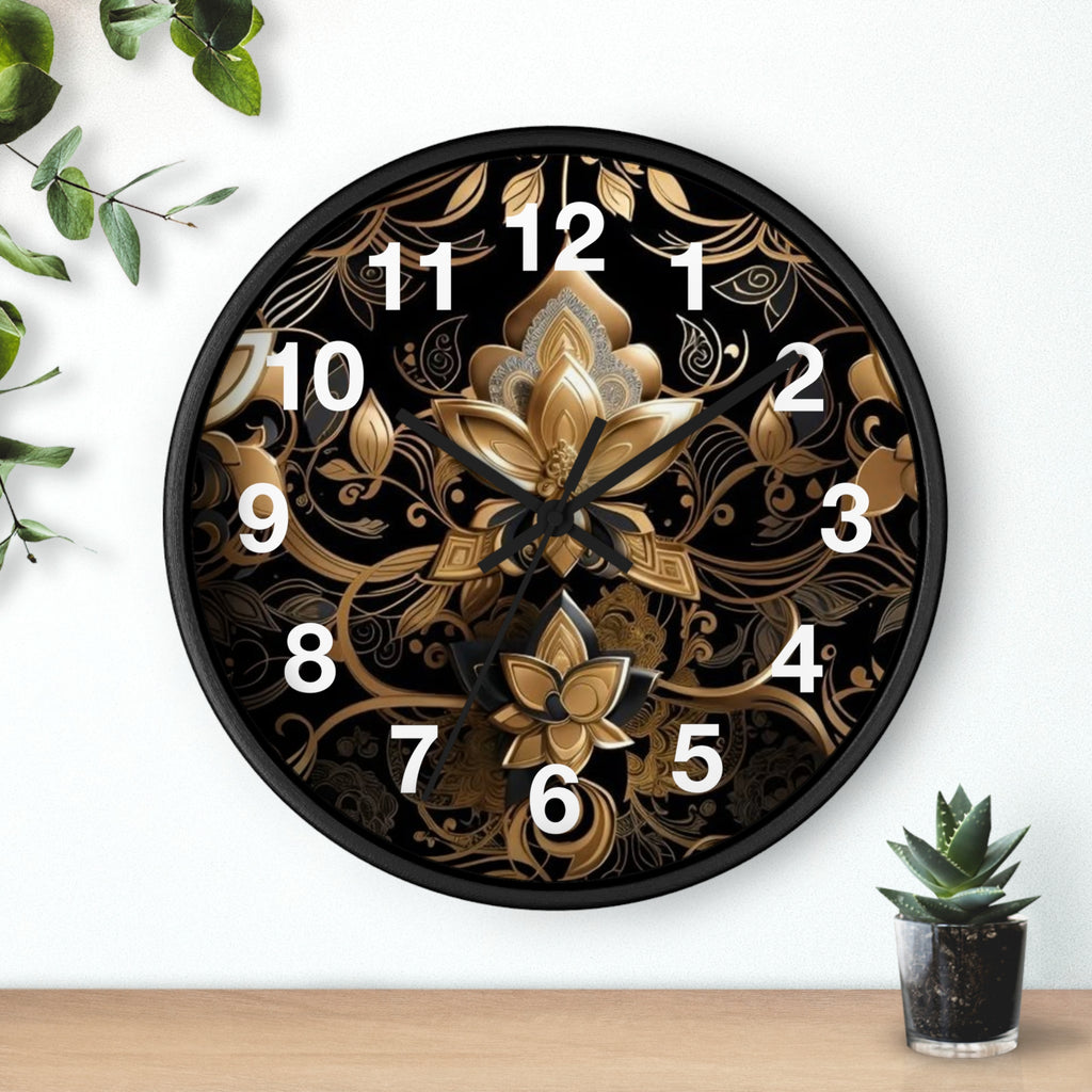 Ornate Gold Lotus Wall Clock — Elegant Black & Gold Floral Decor