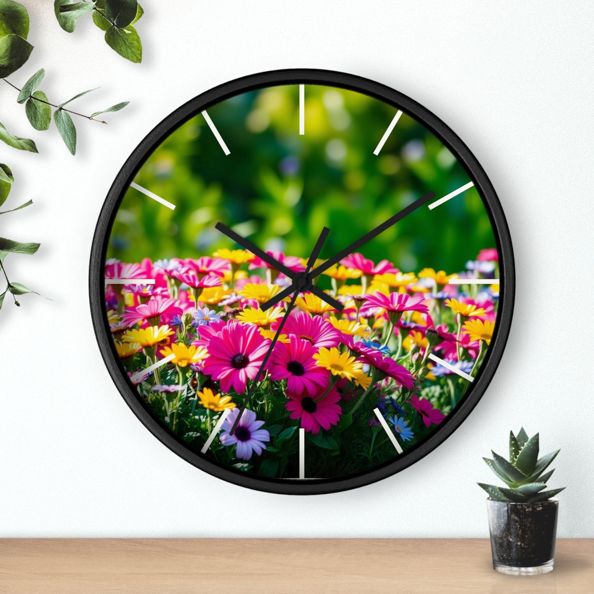Floral Garden Wall Clock — Bright Daisy Meadow Decorative Clock