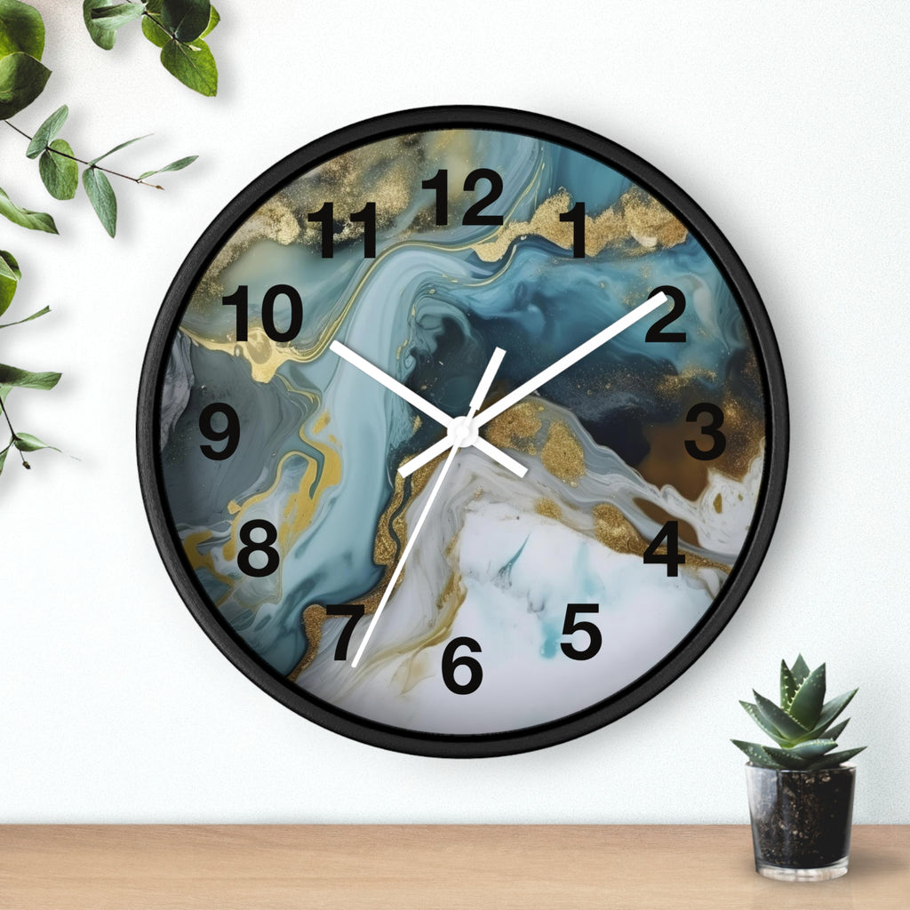 Abstract Blue & Gold Marble Wall Clock — Fluid Art Home Decor Timepiece