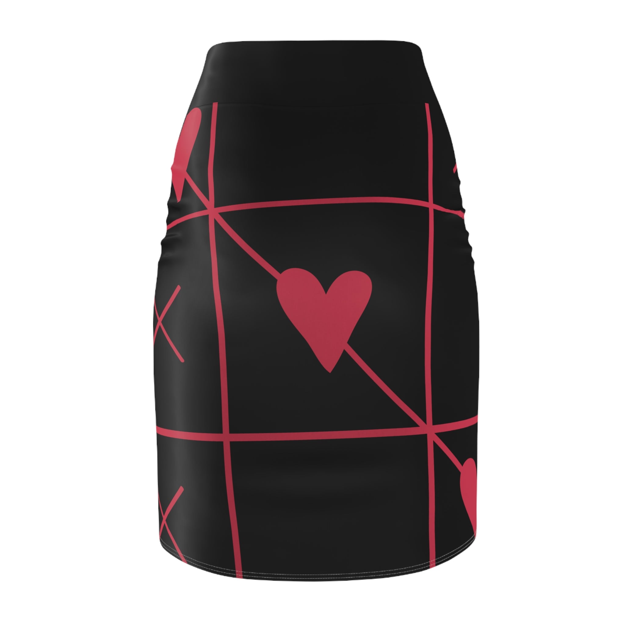 Hearts Grid Pencil Skirt — Black & Red Valentine's AOP Midi