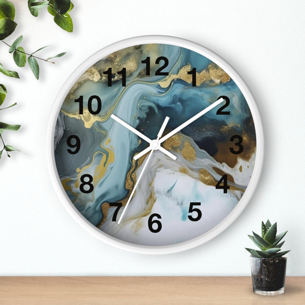 Abstract Blue & Gold Marble Wall Clock — Fluid Art Home Decor Timepiece