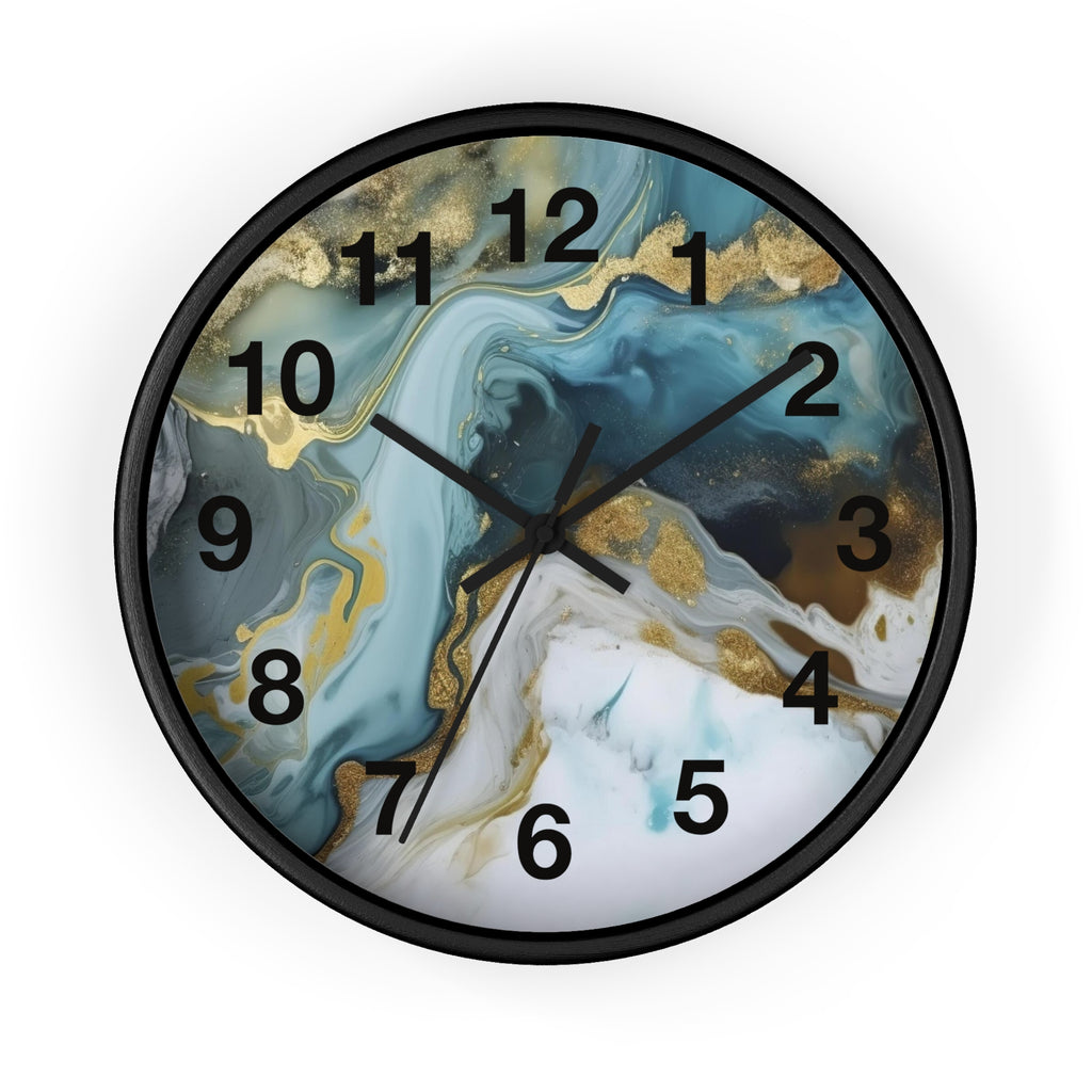 Abstract Blue & Gold Marble Wall Clock — Fluid Art Home Decor Timepiece