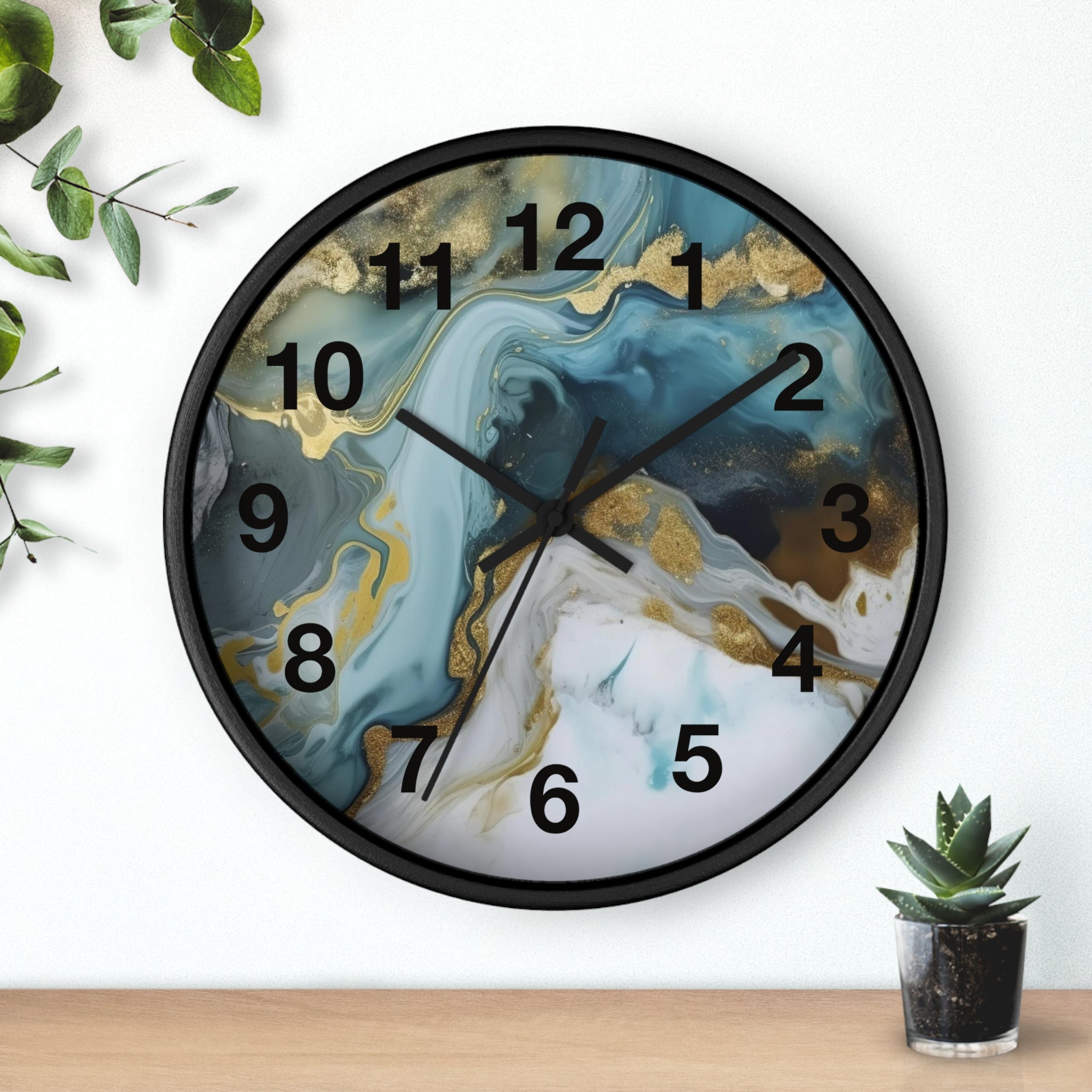 Abstract Blue & Gold Marble Wall Clock — Fluid Art Home Decor Timepiece