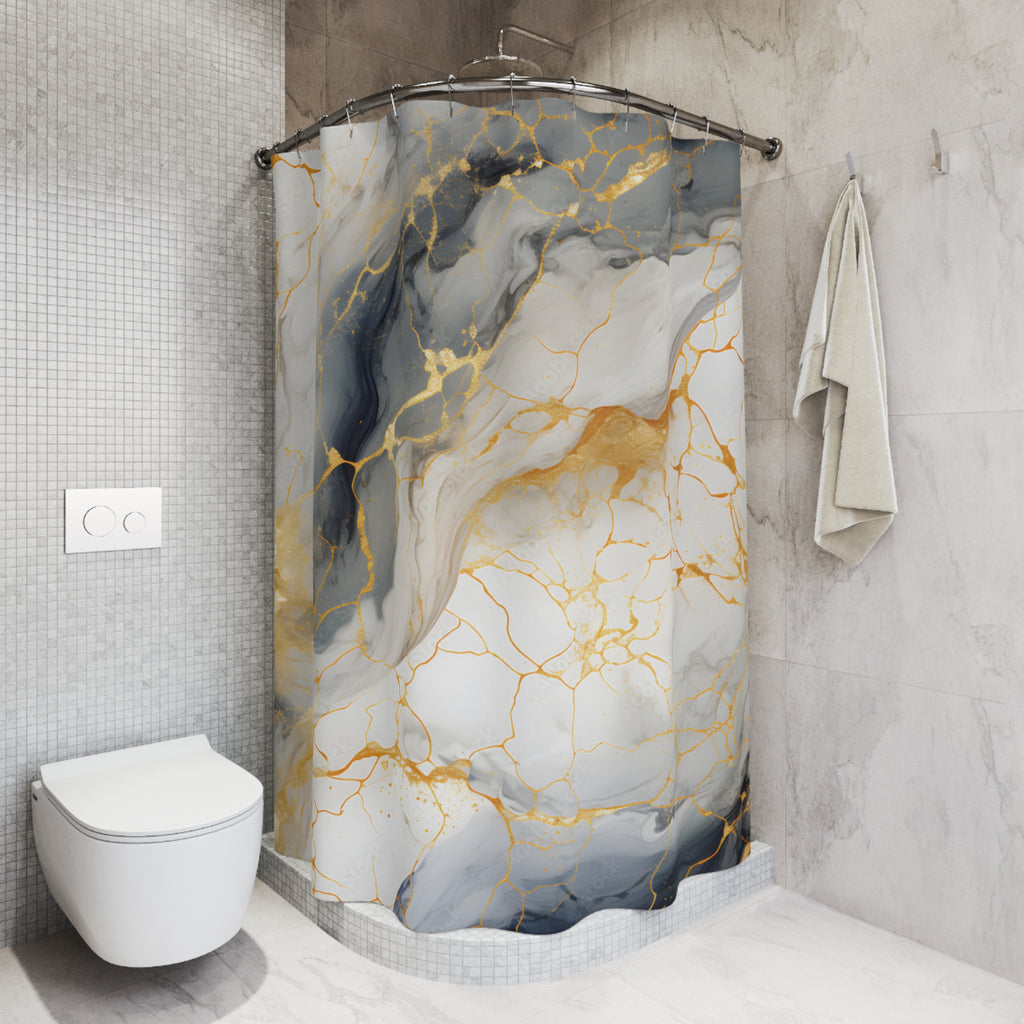 Marble Gold Shower Curtain — Gray & White Abstract Bathroom Decor