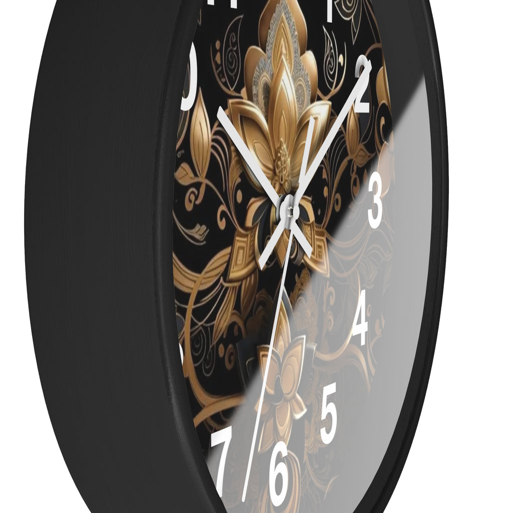 Ornate Gold Lotus Wall Clock — Elegant Black & Gold Floral Decor