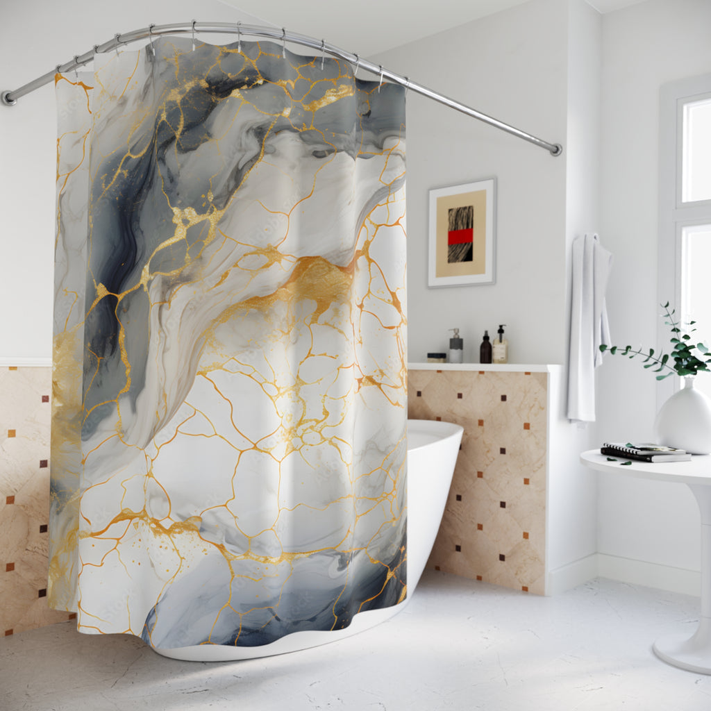 Marble Gold Shower Curtain — Gray & White Abstract Bathroom Decor