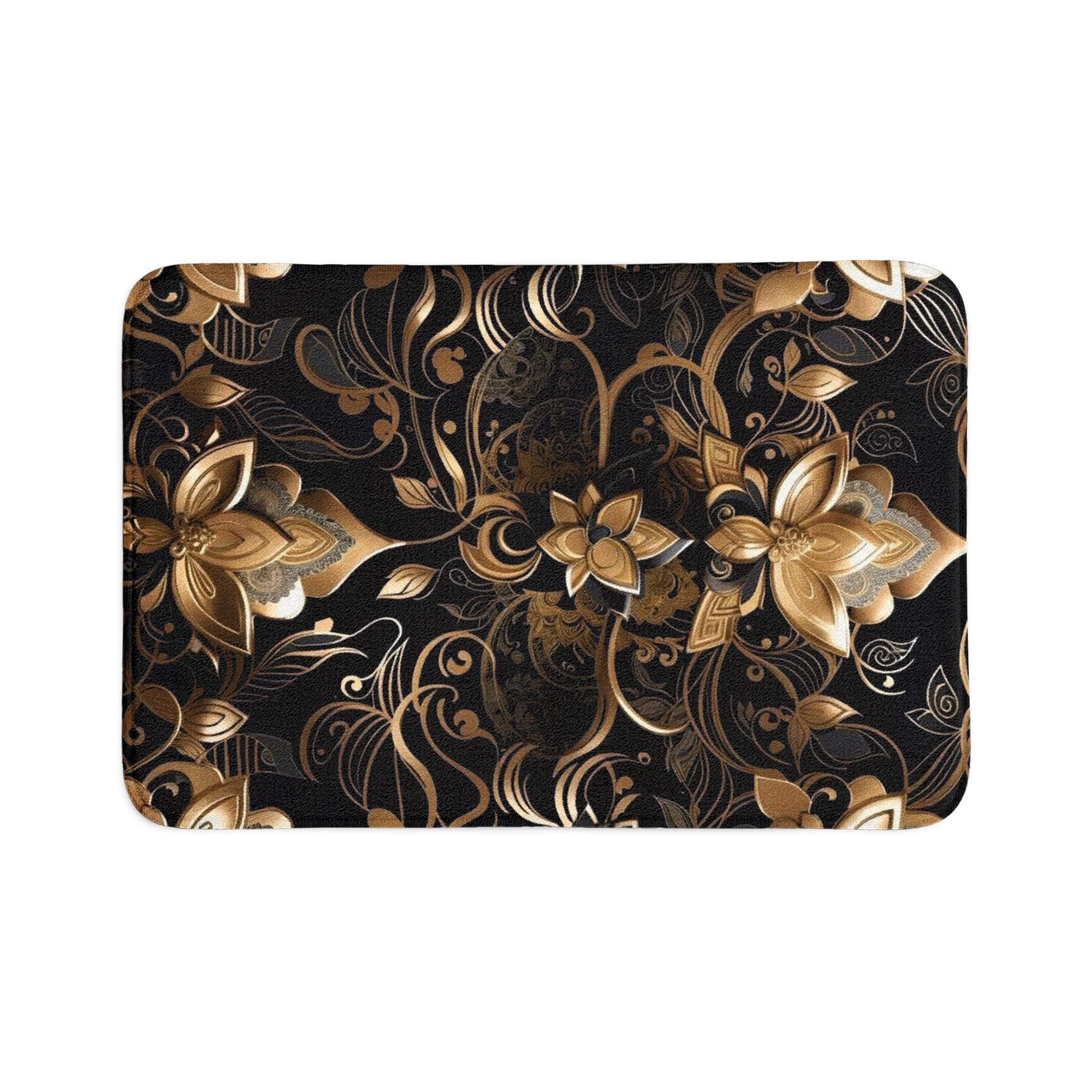 Luxurious Black & Gold Floral Bath Mat Set – 3-Piece Non-Slip Bathroom Rugs
