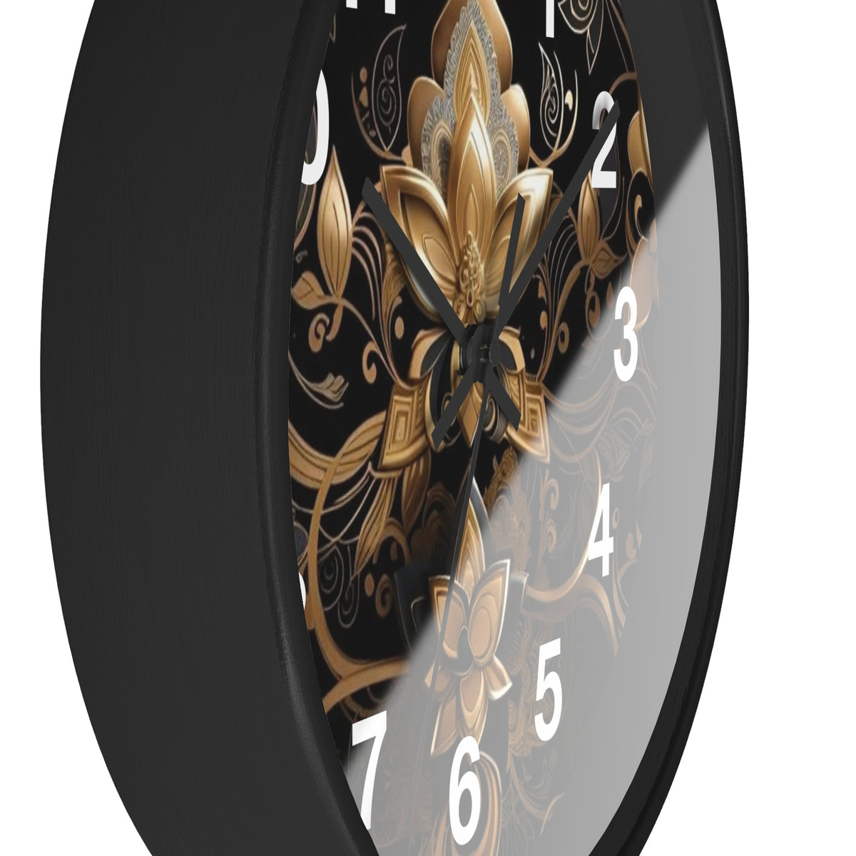 Ornate Gold Lotus Wall Clock — Elegant Black & Gold Floral Decor