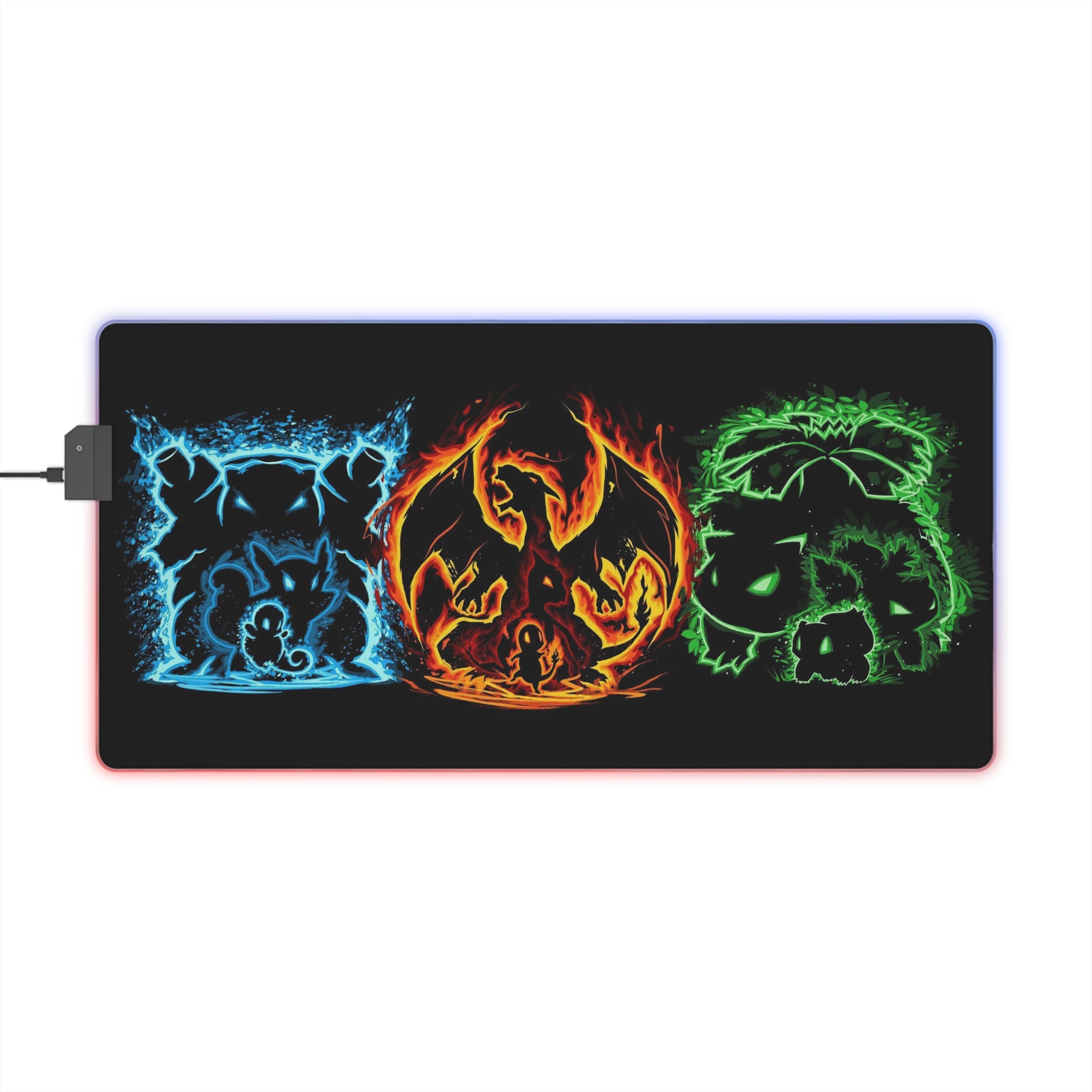 3 Element LED Gaming Mouse Pad — Fire/Water/Grass Icons, XXL Desk Mat for Gamers