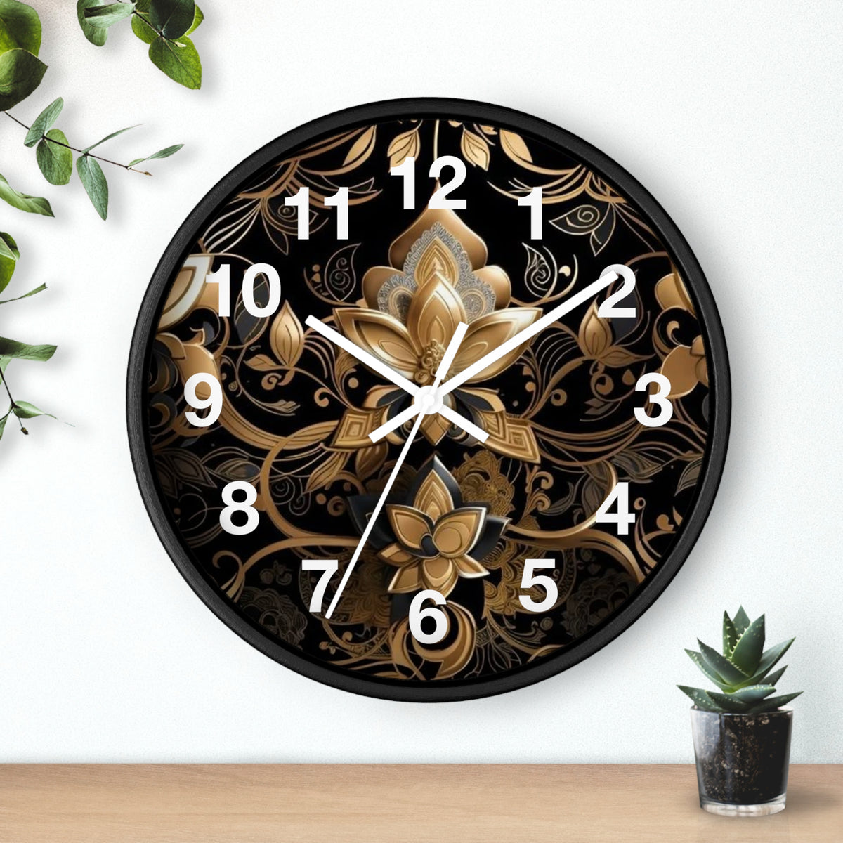 Ornate Gold Lotus Wall Clock — Elegant Black & Gold Floral Decor