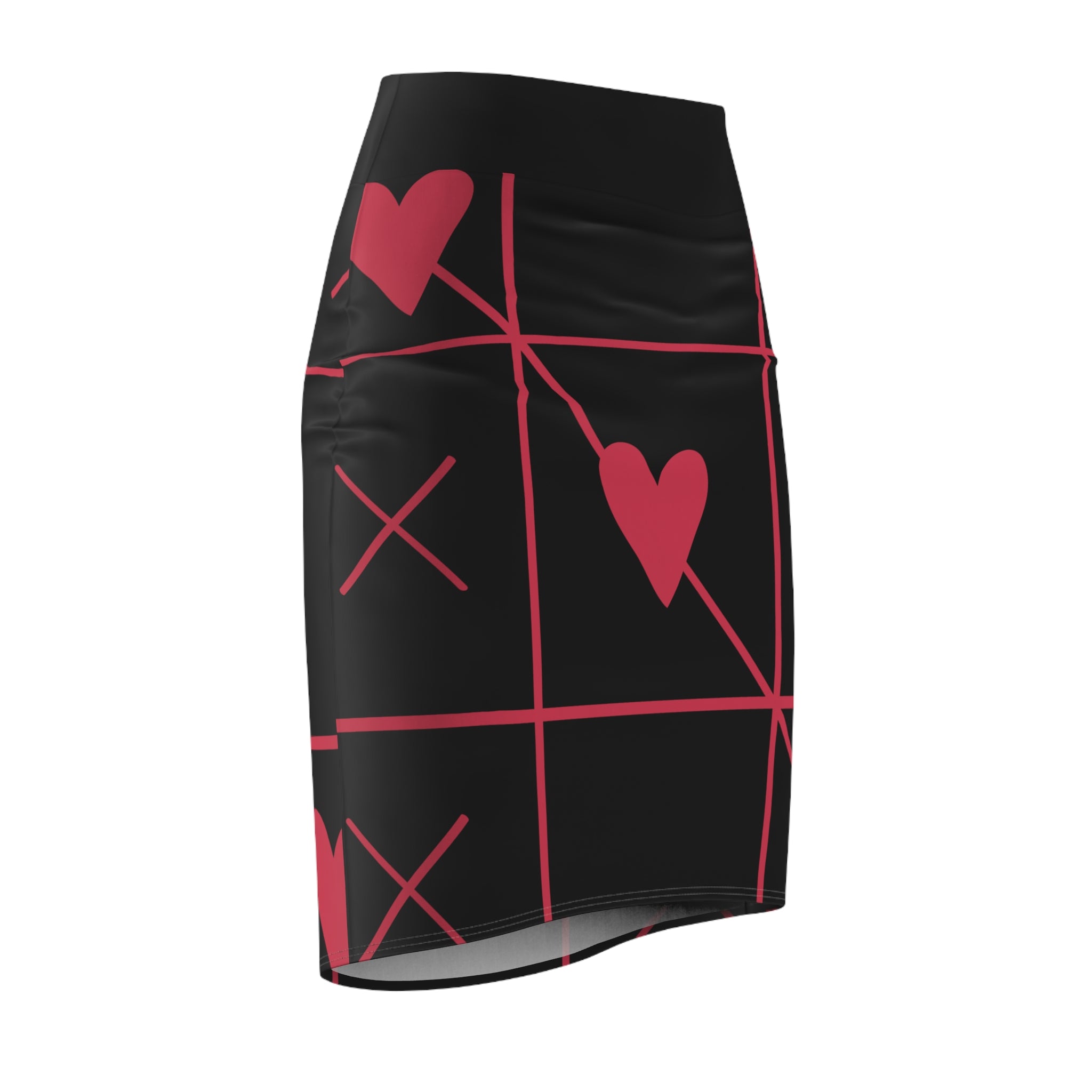 Hearts Grid Pencil Skirt — Black & Red Valentine's AOP Midi