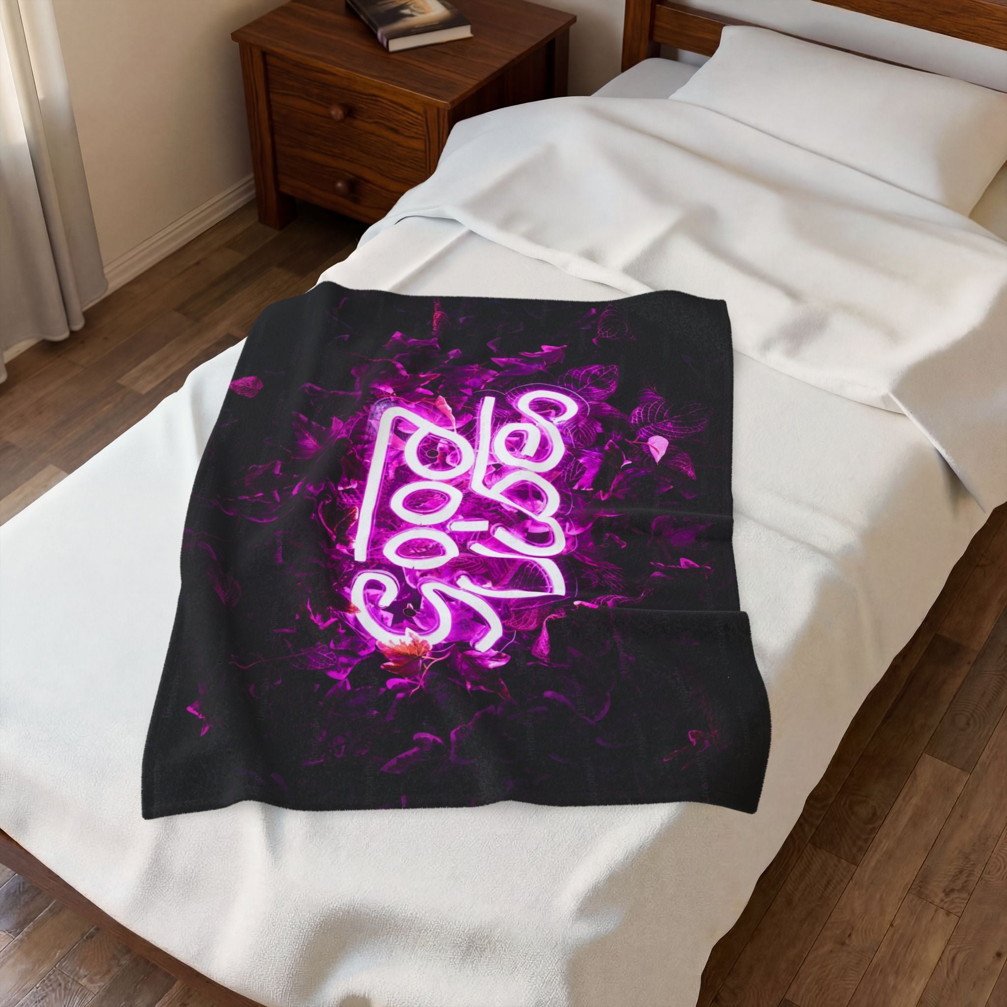 Neon Good Vibes Velveteen Plush Blanket - Pink Neon Script Floral Throw